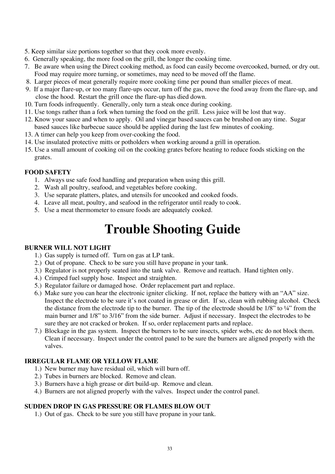 Outdoor Gourmet CG3023E instruction manual Food Safety, Burner will not Light, Irregular Flame or Yellow Flame 