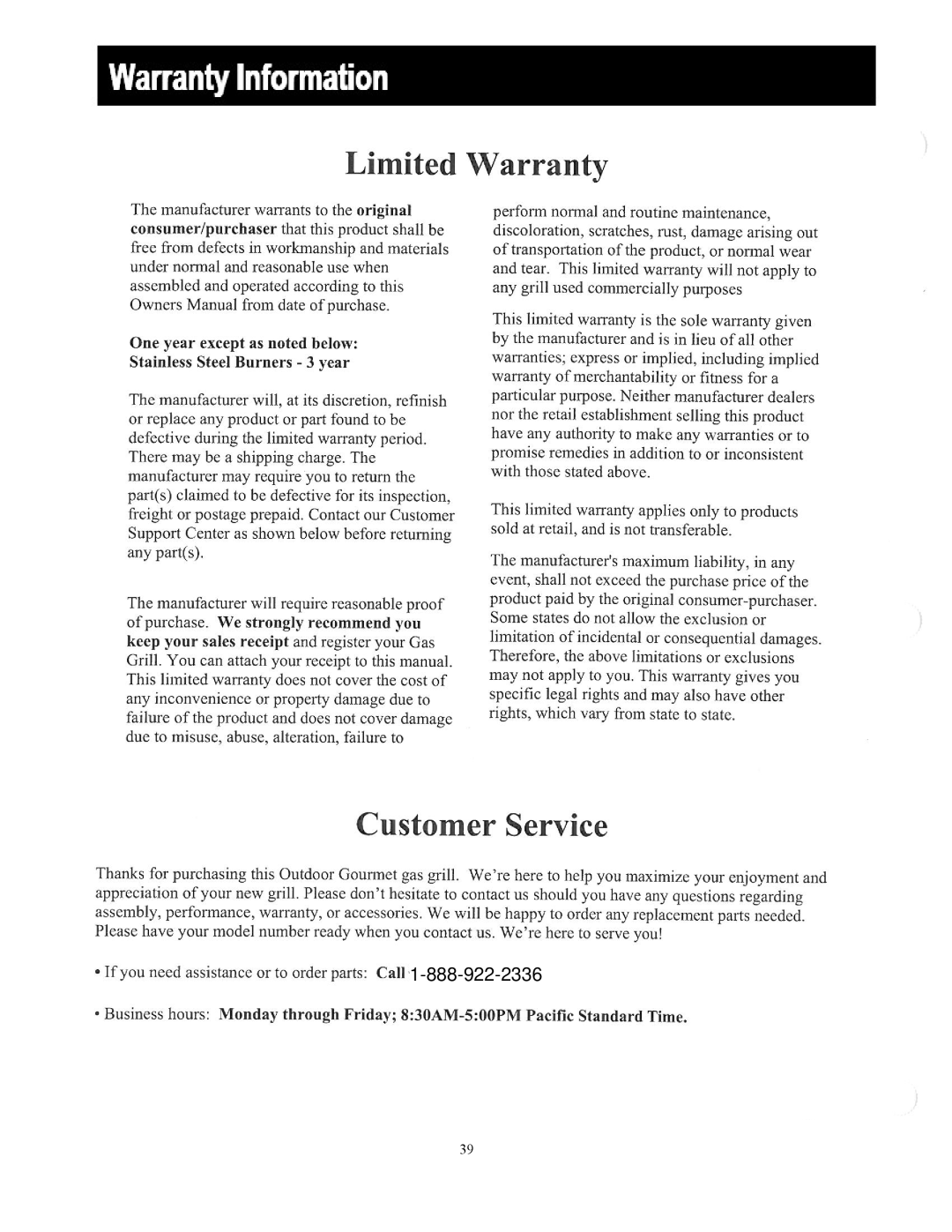 Outdoor Gourmet CG3023E instruction manual 