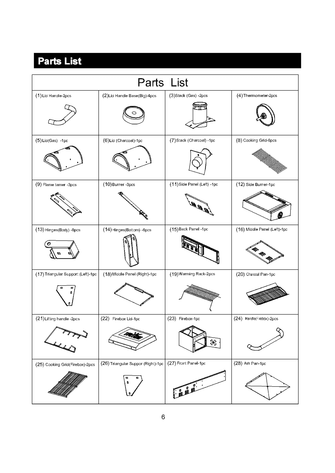 Outdoor Gourmet CG3023E instruction manual Parts List 