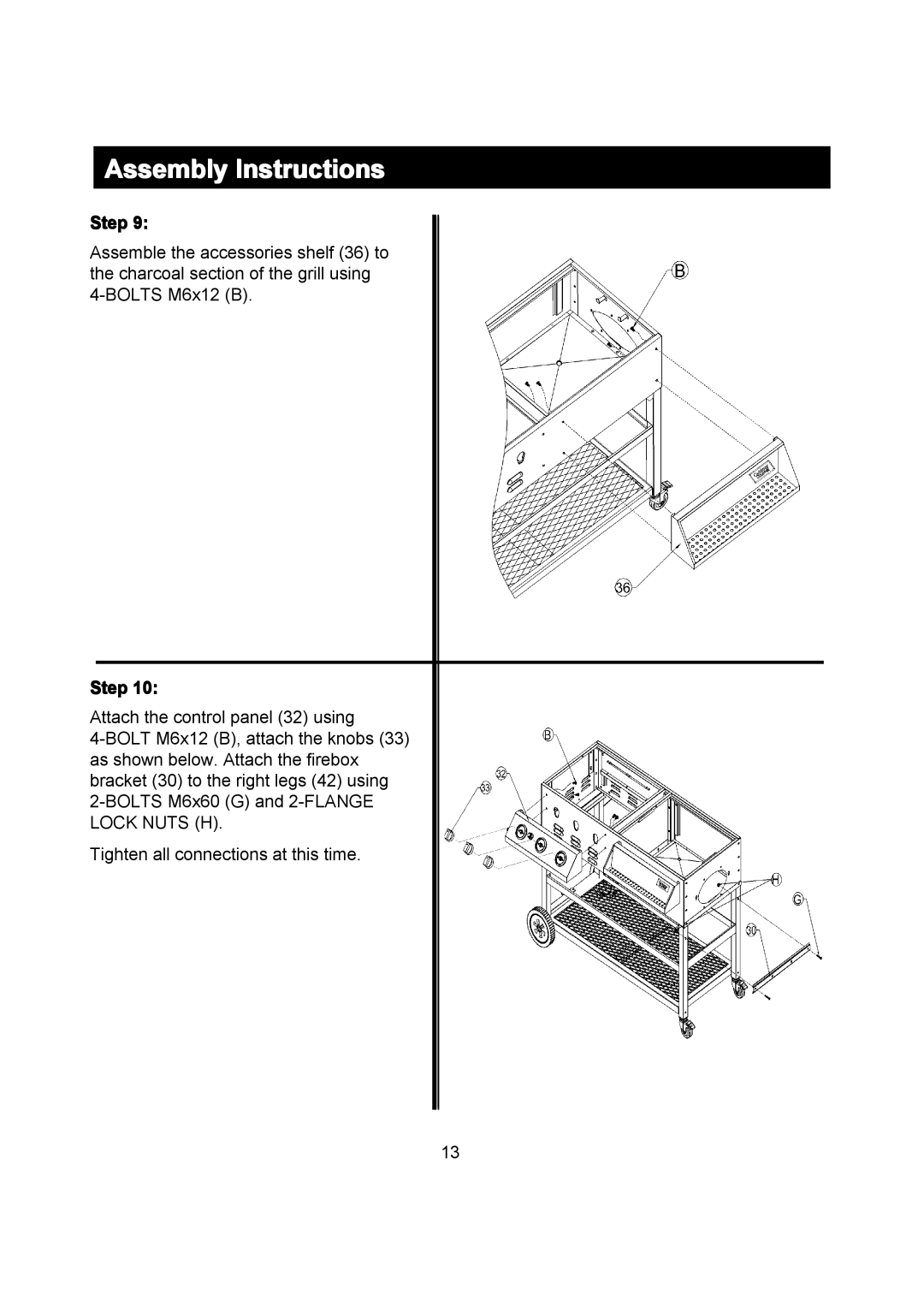 Outdoor Gourmet CG3023E instruction manual Assembly Instructions, Step, Attach the control panel 32 using 