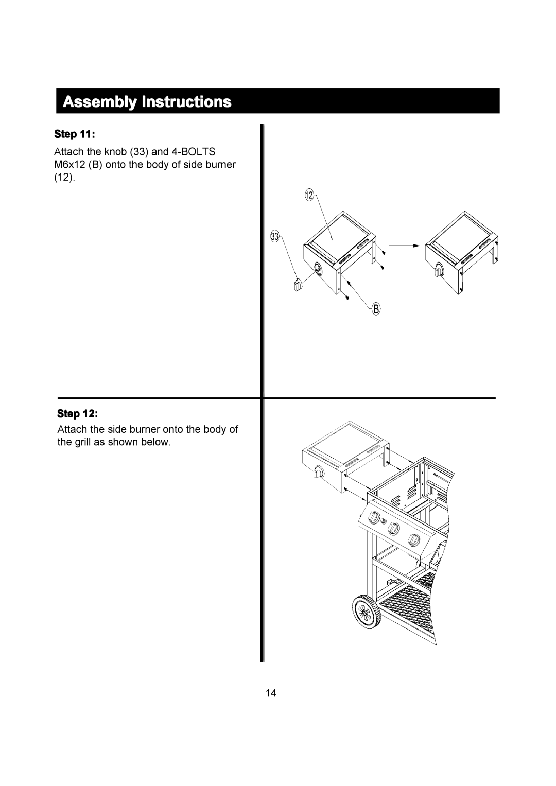 Outdoor Gourmet CG3023E Assembly Instructions, Step, Attach the knob 33 and 4-BOLTS M6x12 B onto the body of side burner 