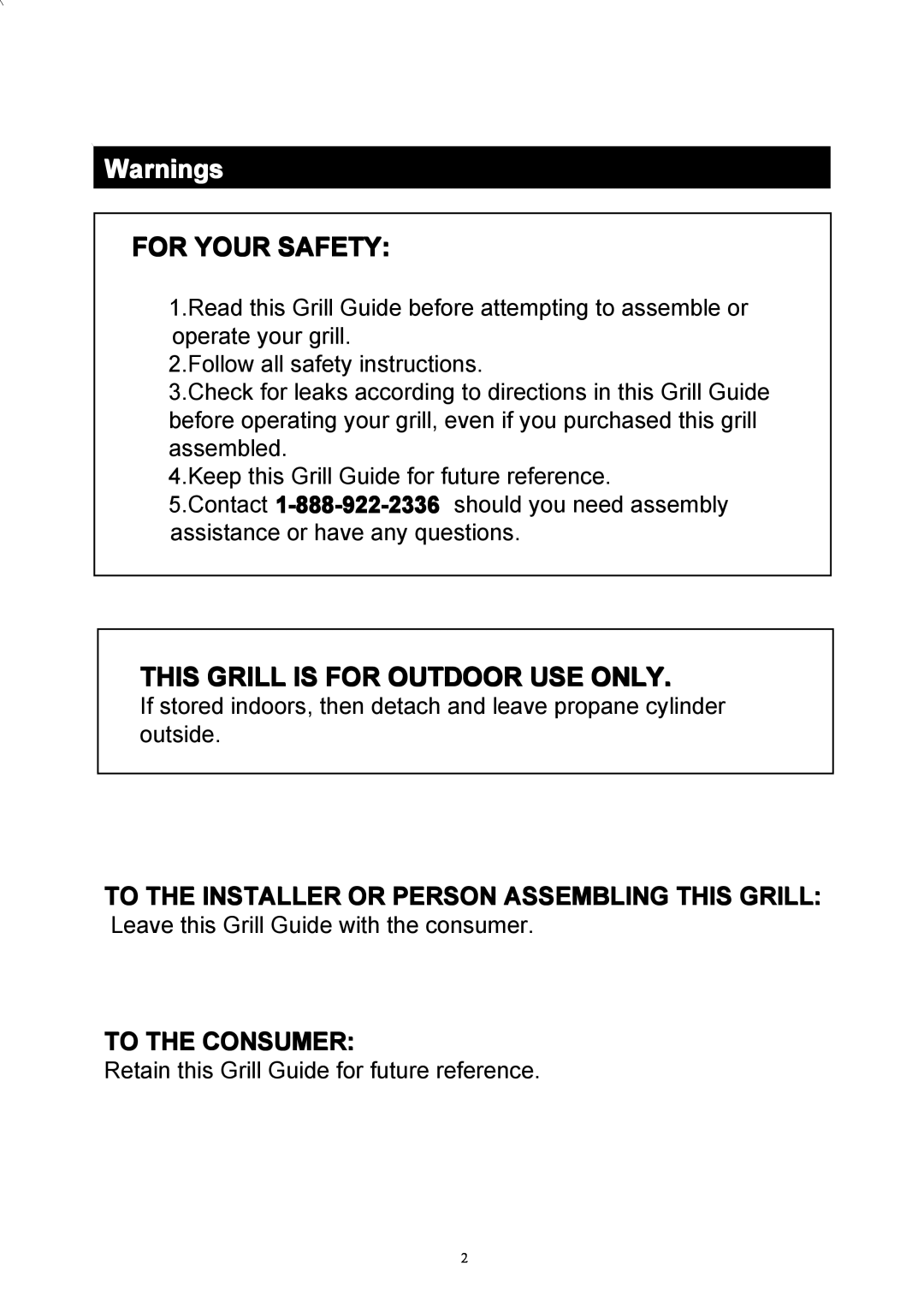 Outdoor Gourmet CG3023E instruction manual Warnings, For Your Safety, To The Consumer 