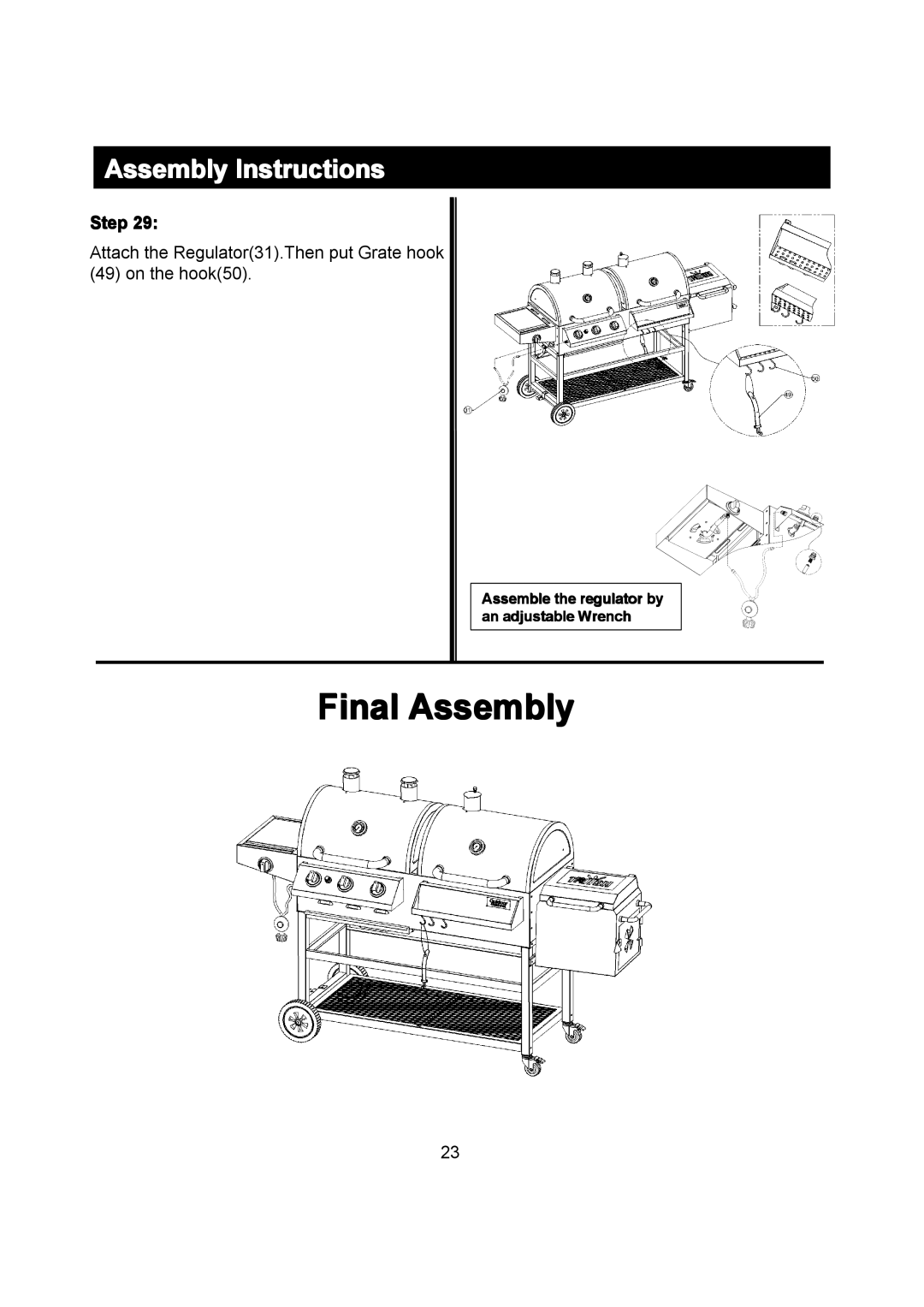 Outdoor Gourmet CG3023E Final Assembly, Assembly Instructions, Step, Assemble the regulator by an adjustable Wrench 
