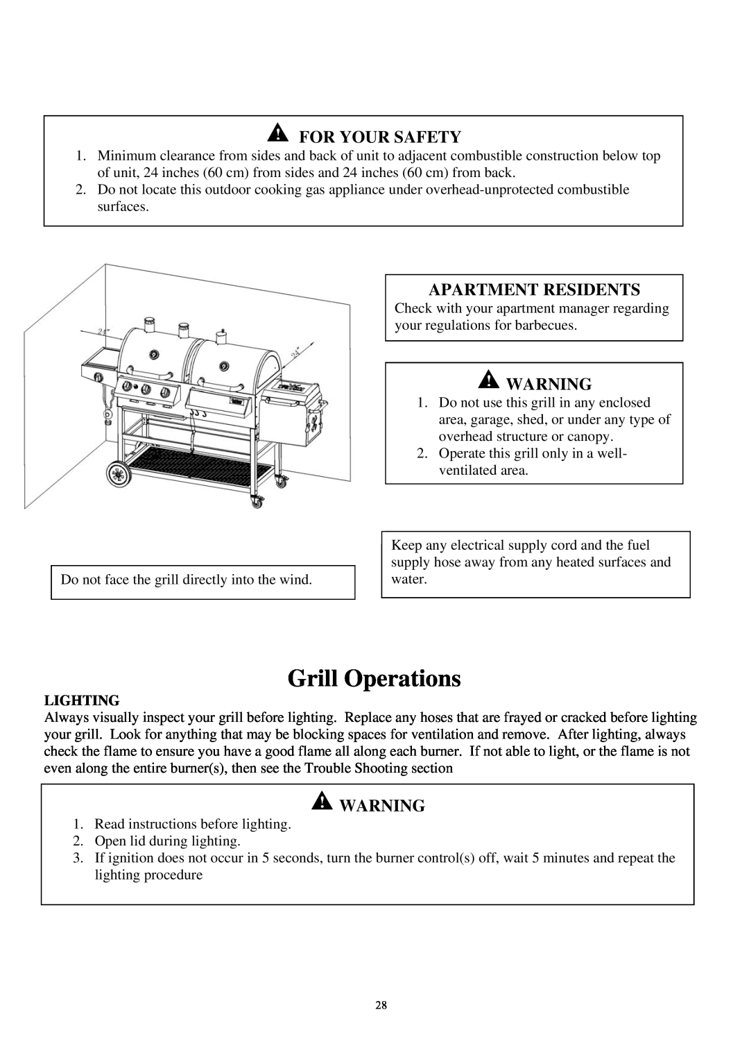 Outdoor Gourmet CG3023E instruction manual Grill Operations, For Your Safety, Apartment Residents, Lighting 