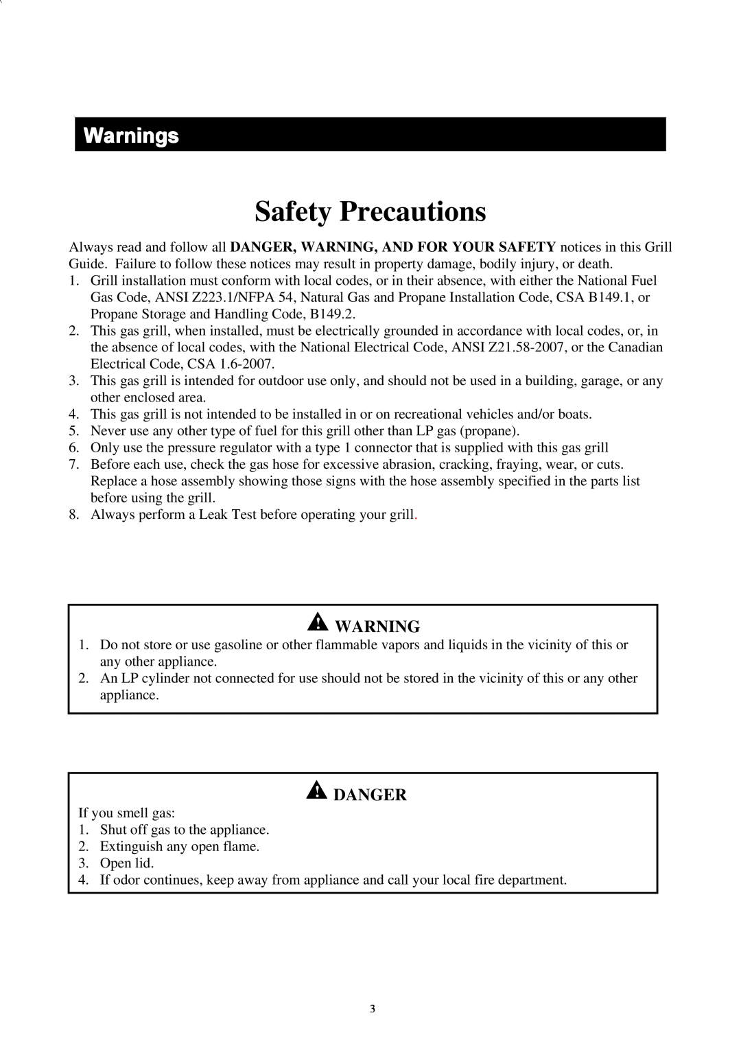Outdoor Gourmet CG3023E instruction manual Safety Precautions, Warnings, Danger 