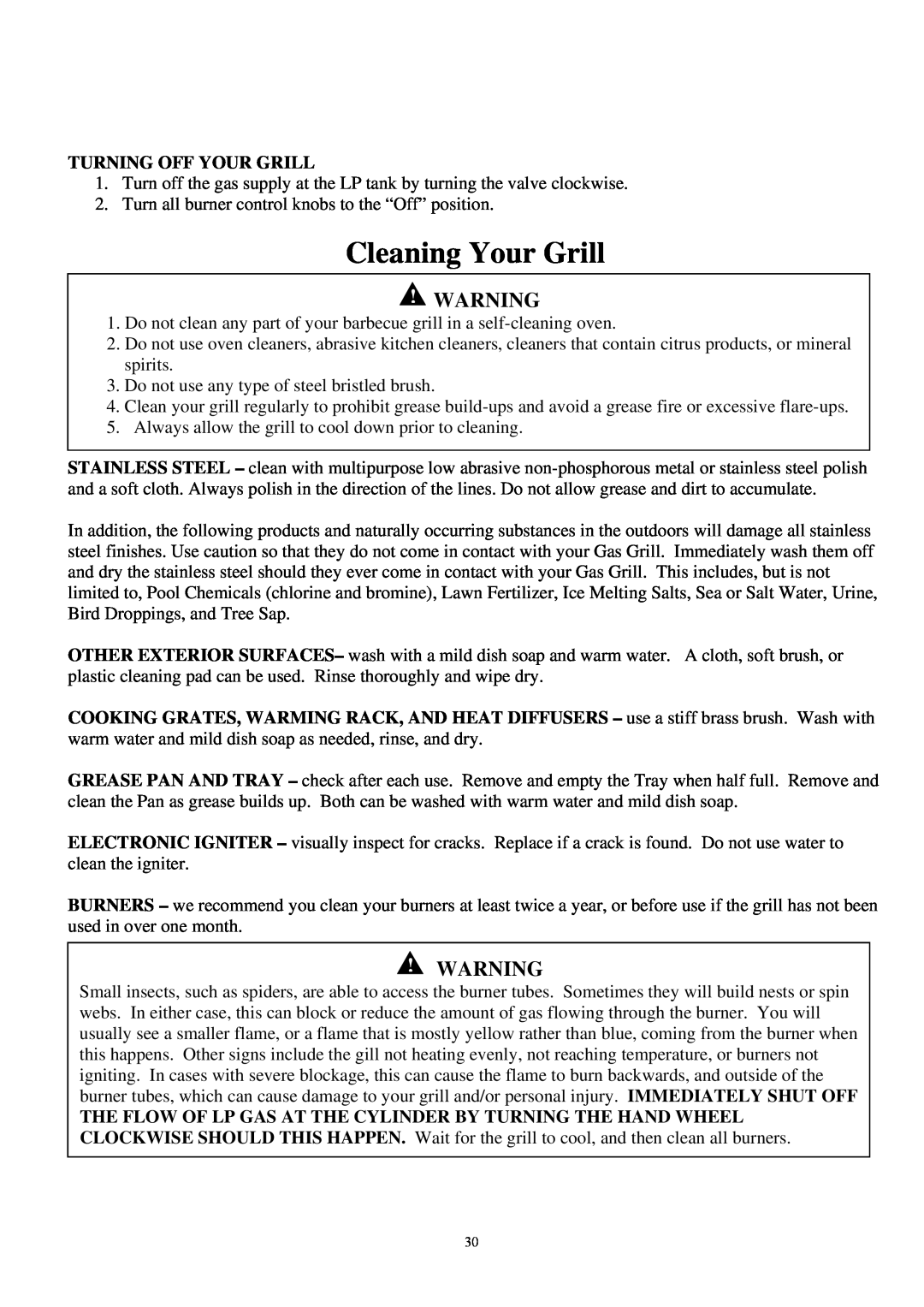 Outdoor Gourmet CG3023E instruction manual Cleaning Your Grill, Turning Off Your Grill 
