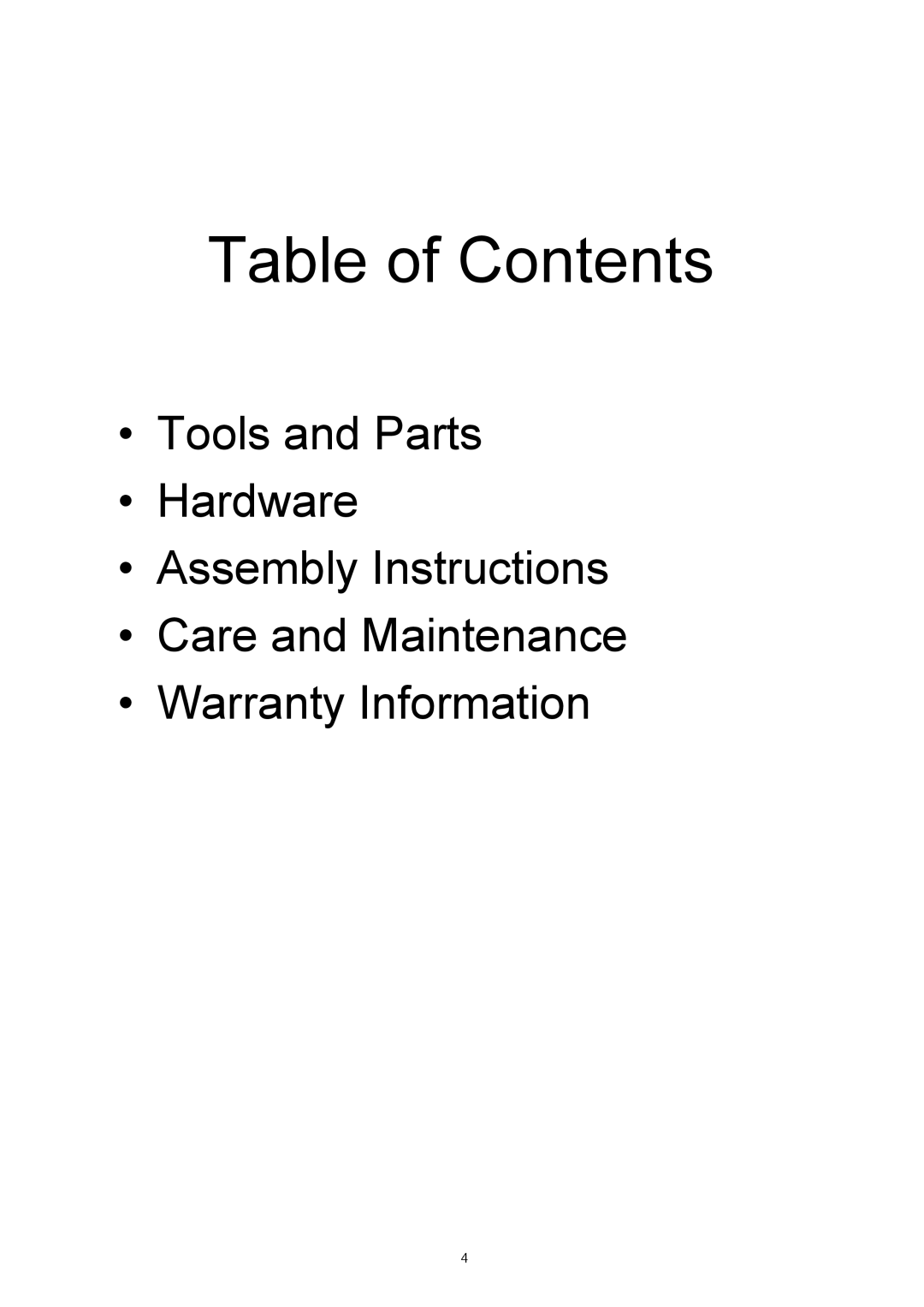 Outdoor Gourmet CG3023E Table of Contents, Tools and Parts Hardware Assembly Instructions Care and Maintenance 