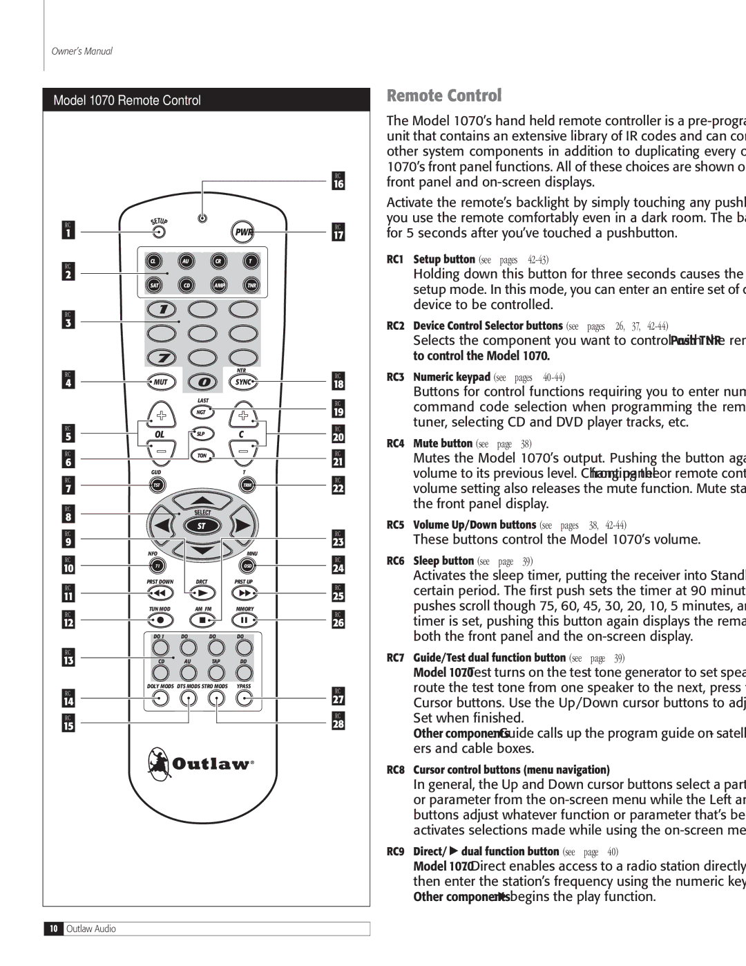 Outlaw Audio owner manual Model 1070 Remote Control, These buttons control the Model 1070’s volume 