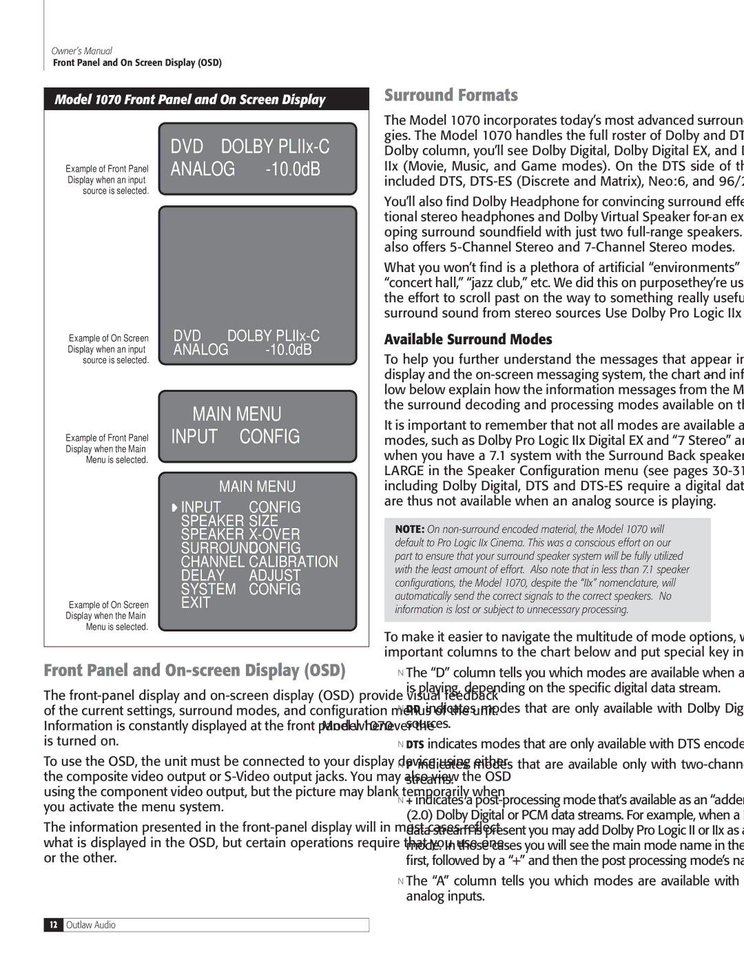 Outlaw Audio Surround Formats, Available Surround Modes, Model 1070 Front Panel and On Screen Display, Dolby PLIIx-C 