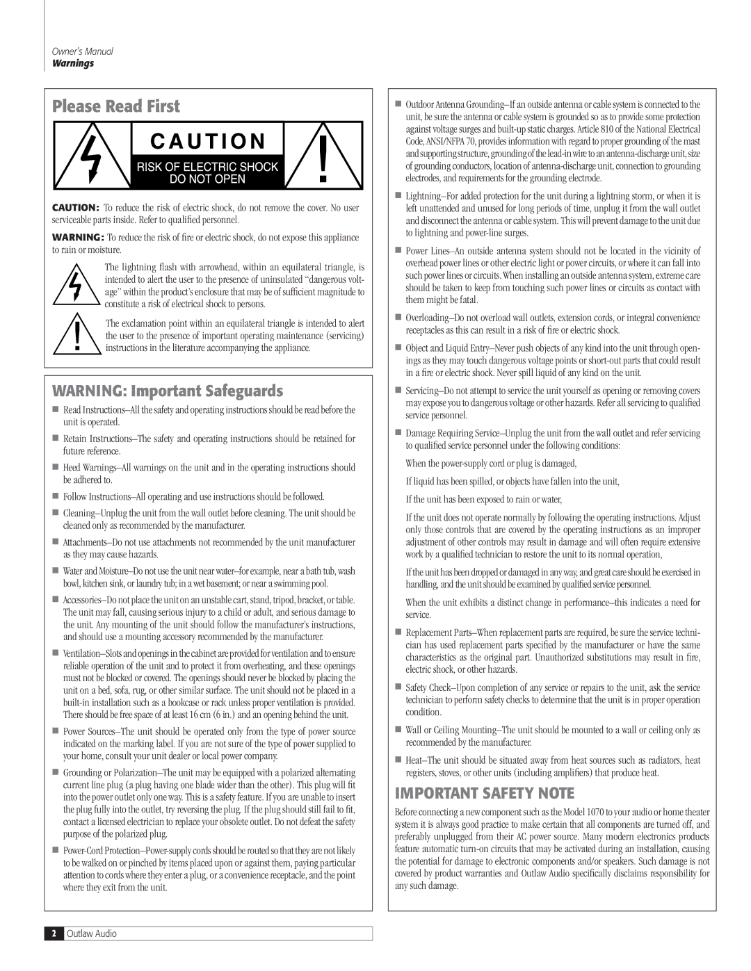 Outlaw Audio 1070 owner manual Please Read First, When the power-supply cord or plug is damaged 