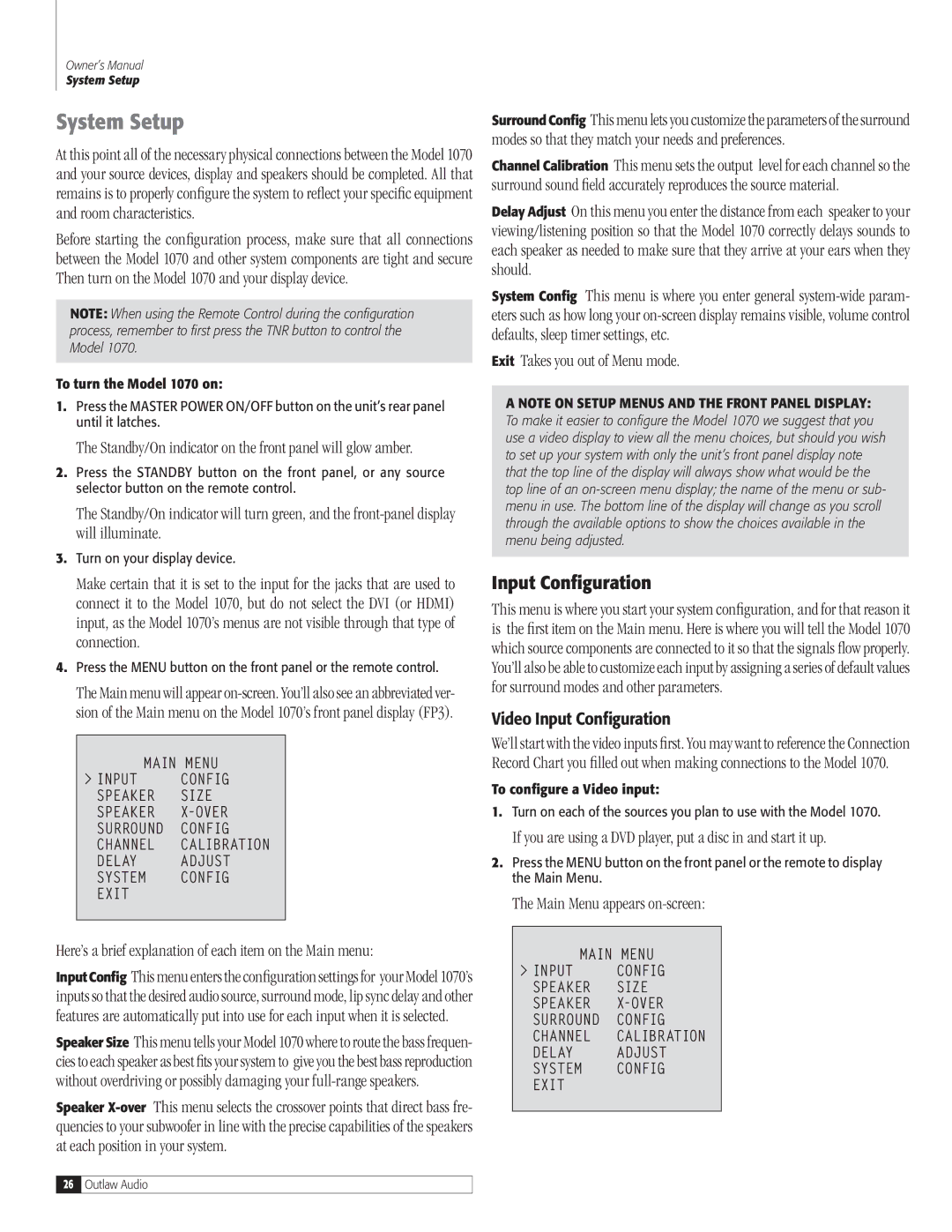 Outlaw Audio 1070 owner manual System Setup, Input Configuration, Here’s a brief explanation of each item on the Main menu 