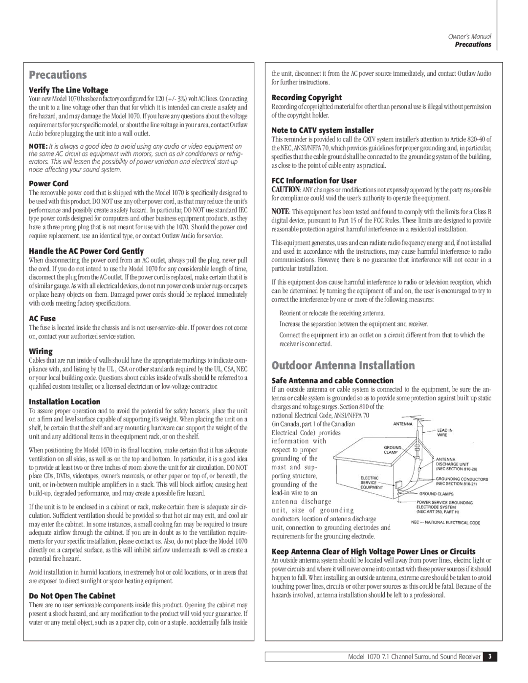 Outlaw Audio 1070 Verify The Line Voltage, Handle the AC Power Cord Gently, AC Fuse, Wiring, Installation Location 