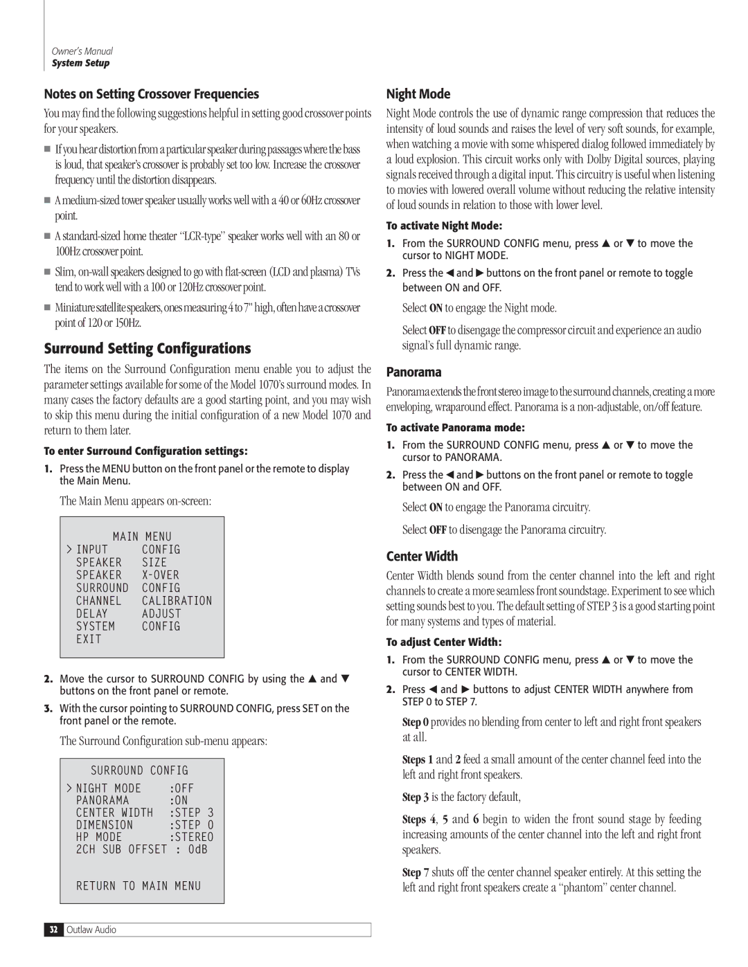 Outlaw Audio 1070 Surround Setting Configurations, Surround Configuration sub-menu appears, Night Mode, Panorama 