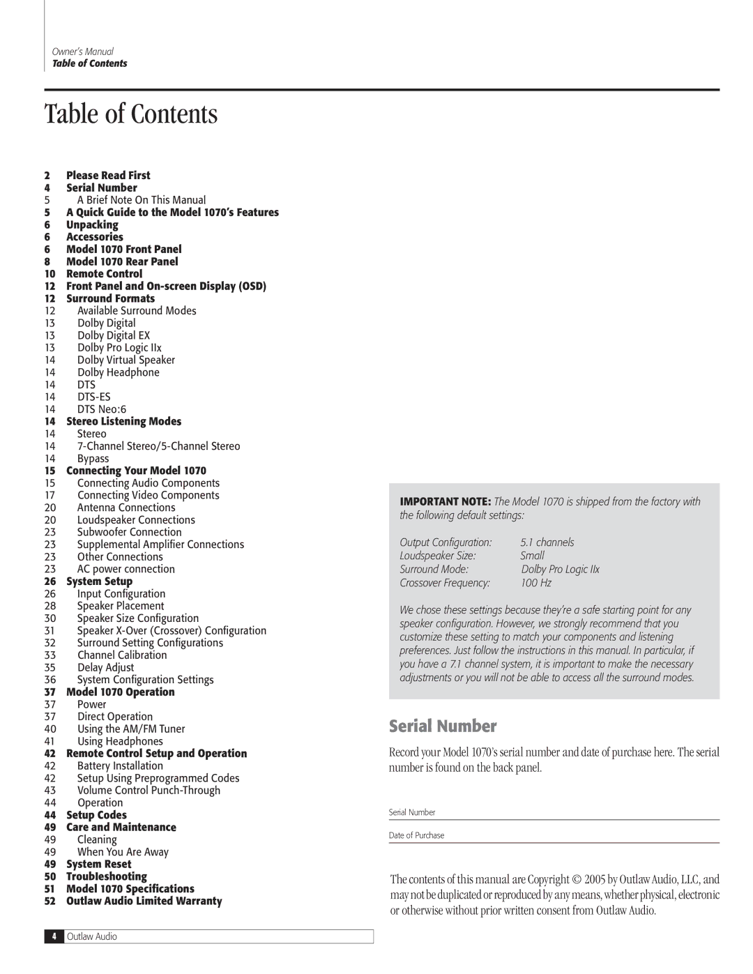 Outlaw Audio 1070 owner manual Table of Contents 