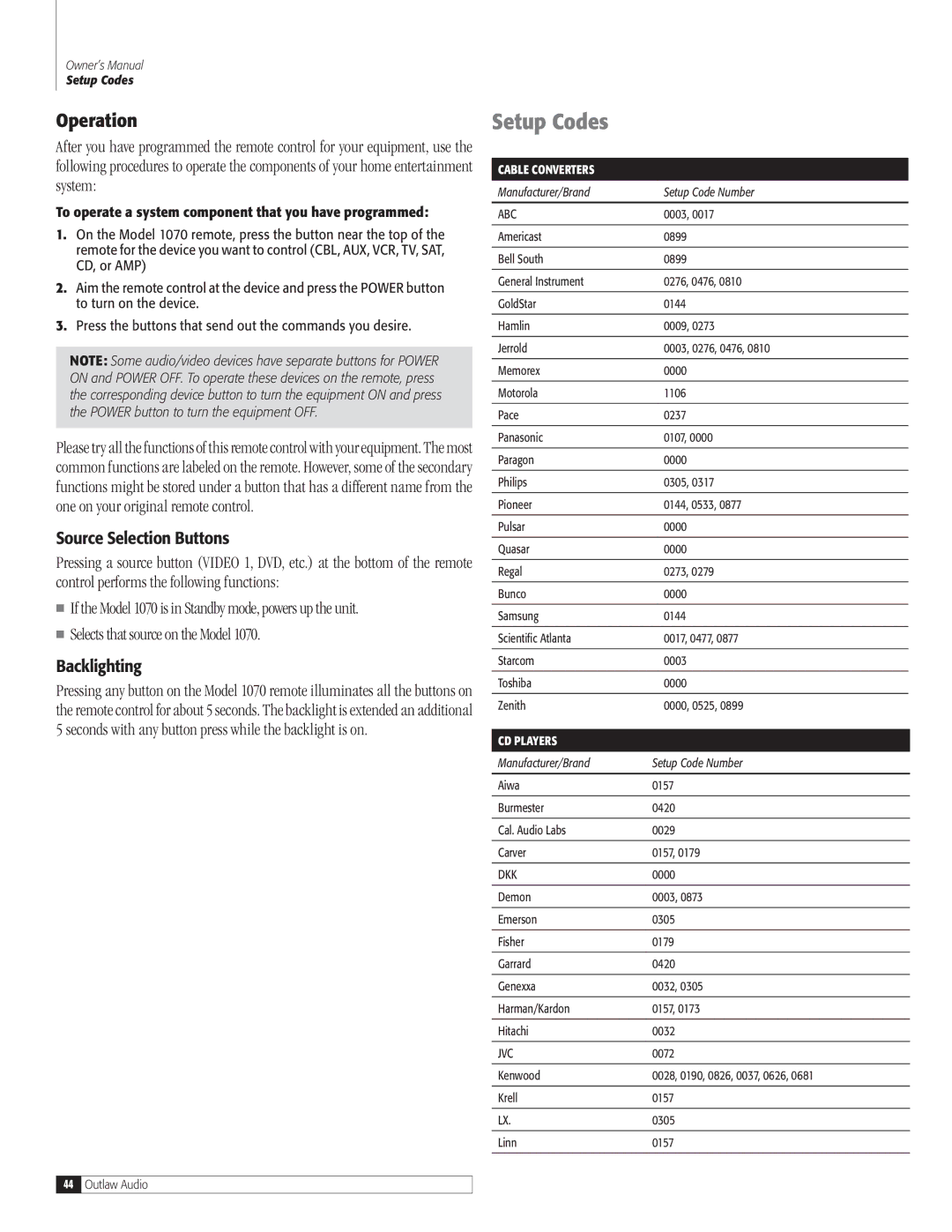 Outlaw Audio 1070 owner manual Setup Codes, Operation, Source Selection Buttons, Backlighting 