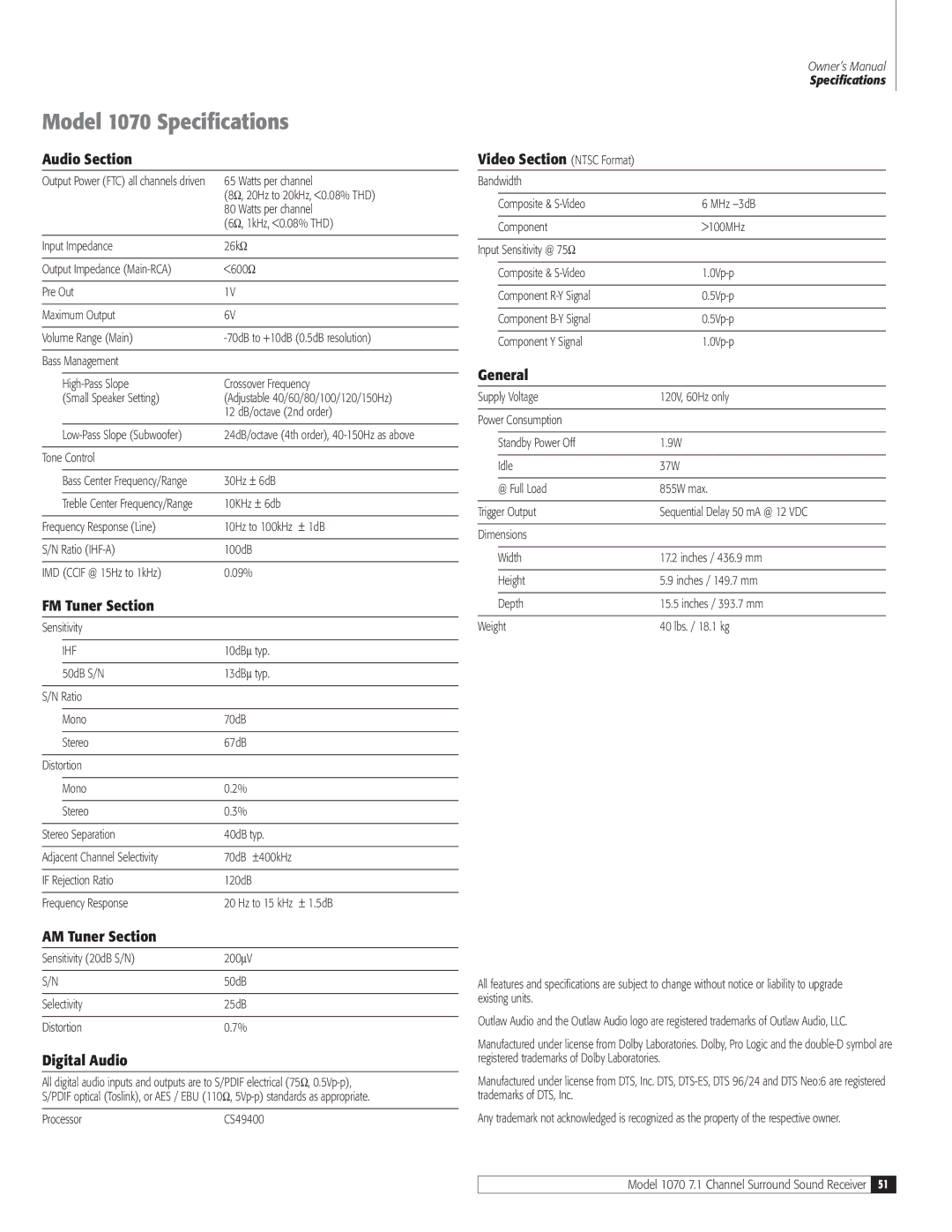 Outlaw Audio owner manual Model 1070 Specifications 