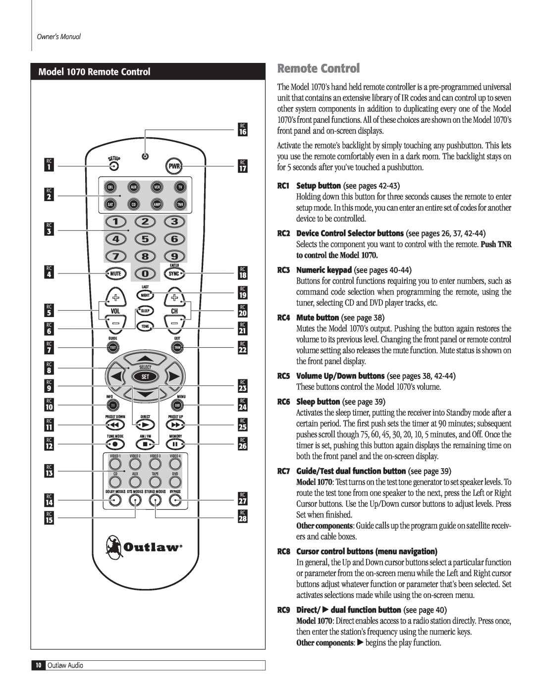 Outlaw Audio Model 1070 Remote Control, These buttons control the Model 1070’s volume, to control the Model 