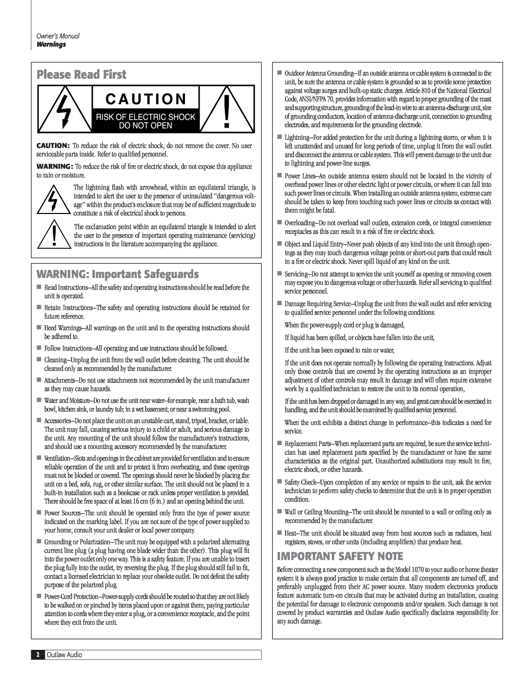 Outlaw Audio 1070 owner manual Please Read First, WARNING Important Safeguards, Important Safety Note 