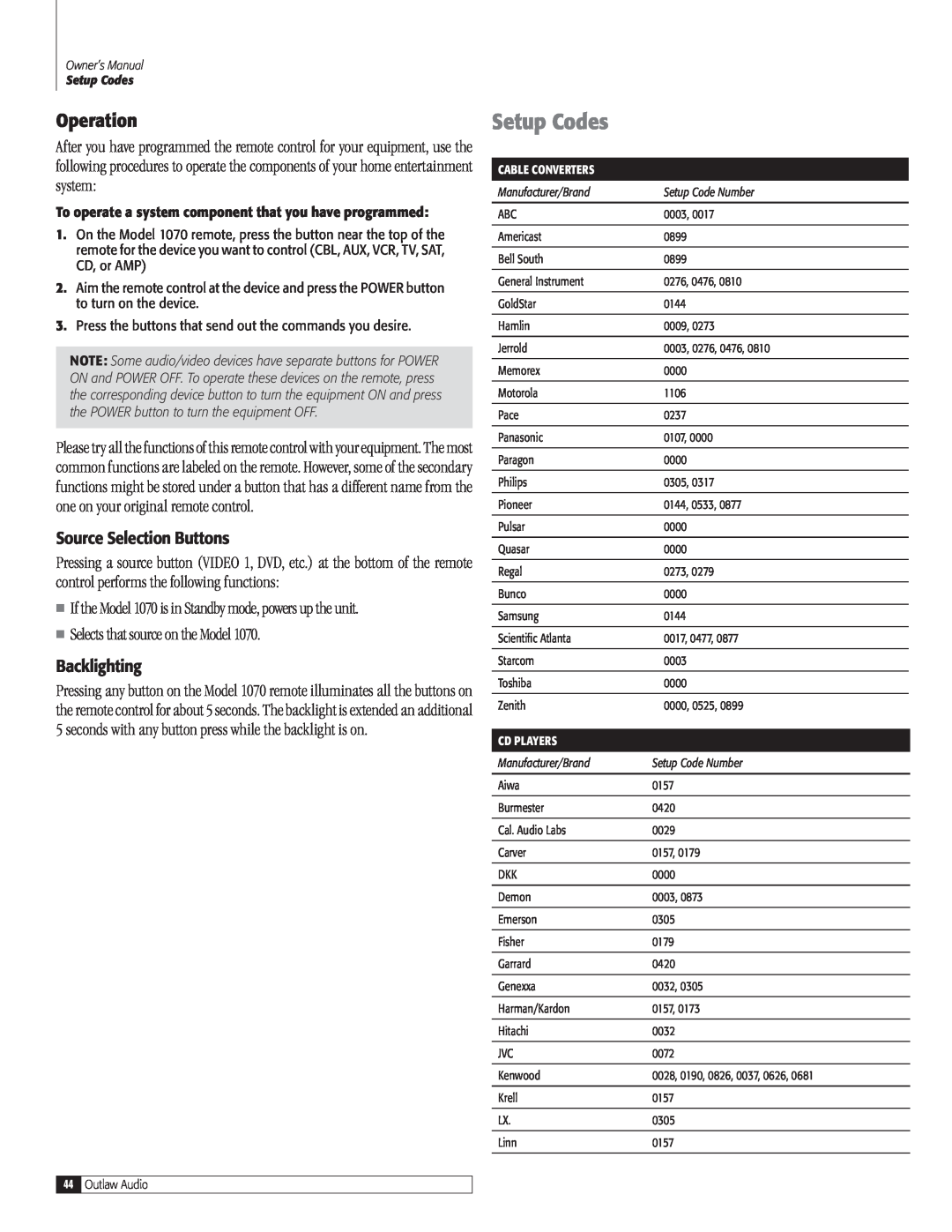 Outlaw Audio 1070 owner manual Setup Codes, Operation 