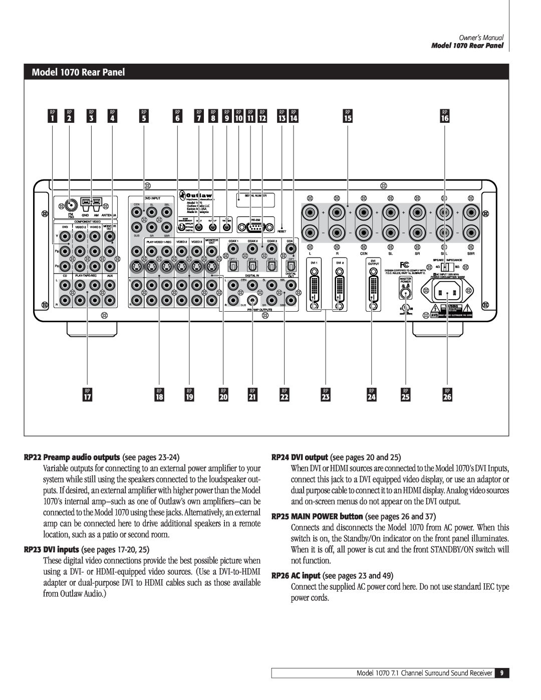 Outlaw Audio Model 1070 Rear Panel, RP22 Preamp audio outputs see pages, RP25 MAIN POWER button see pages 26 and 