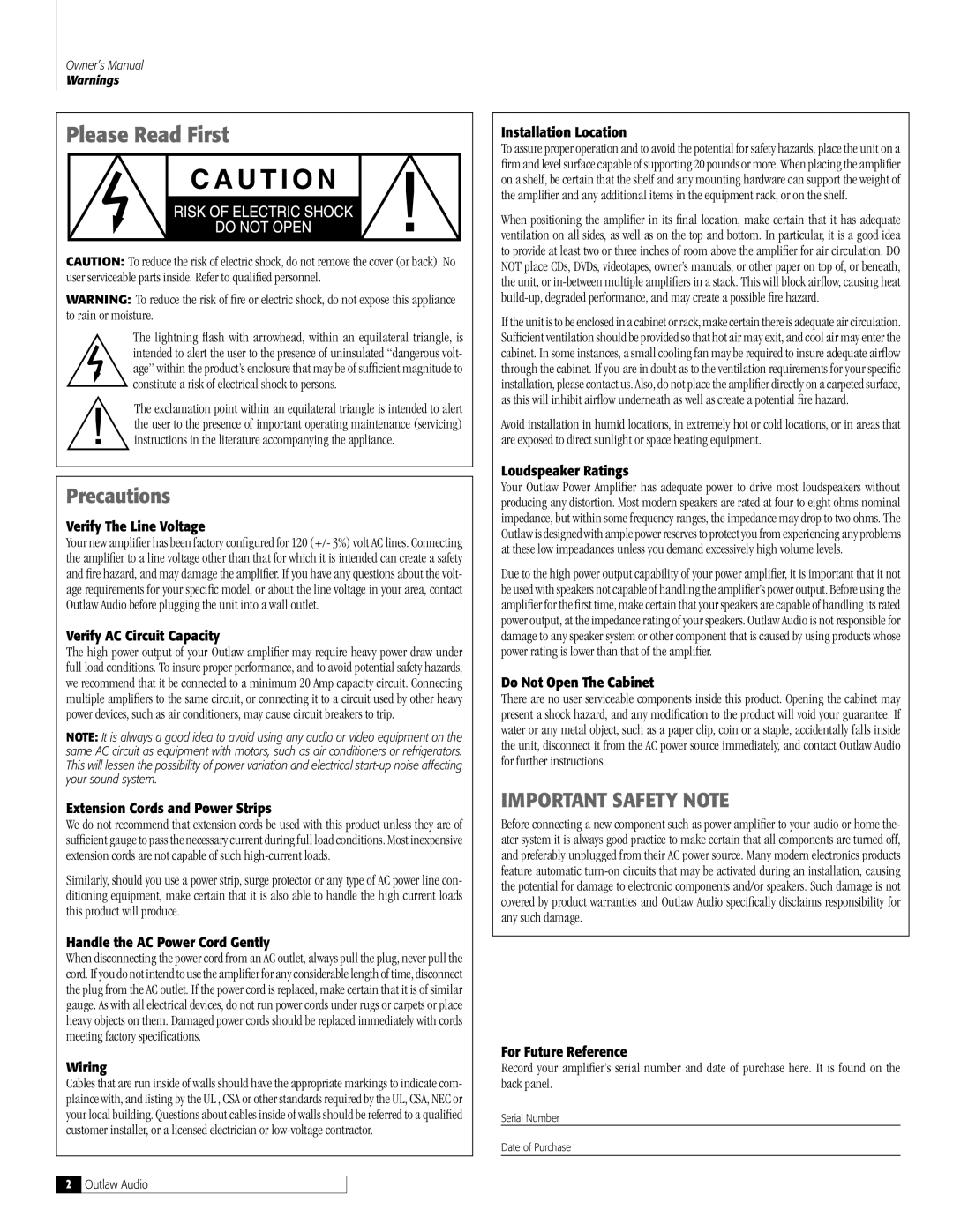 Outlaw Audio 200 M-Block owner manual Please Read First, Precautions, Important Safety Note 