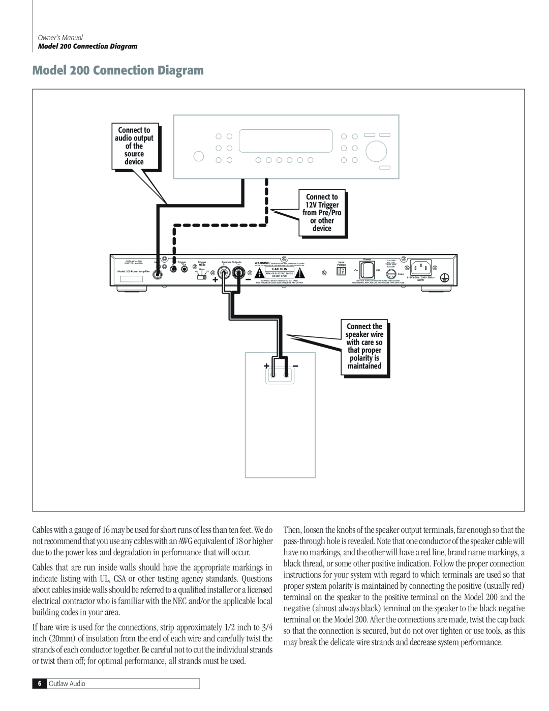 Outlaw Audio 200 M-Block owner manual Model 200 Connection Diagram 