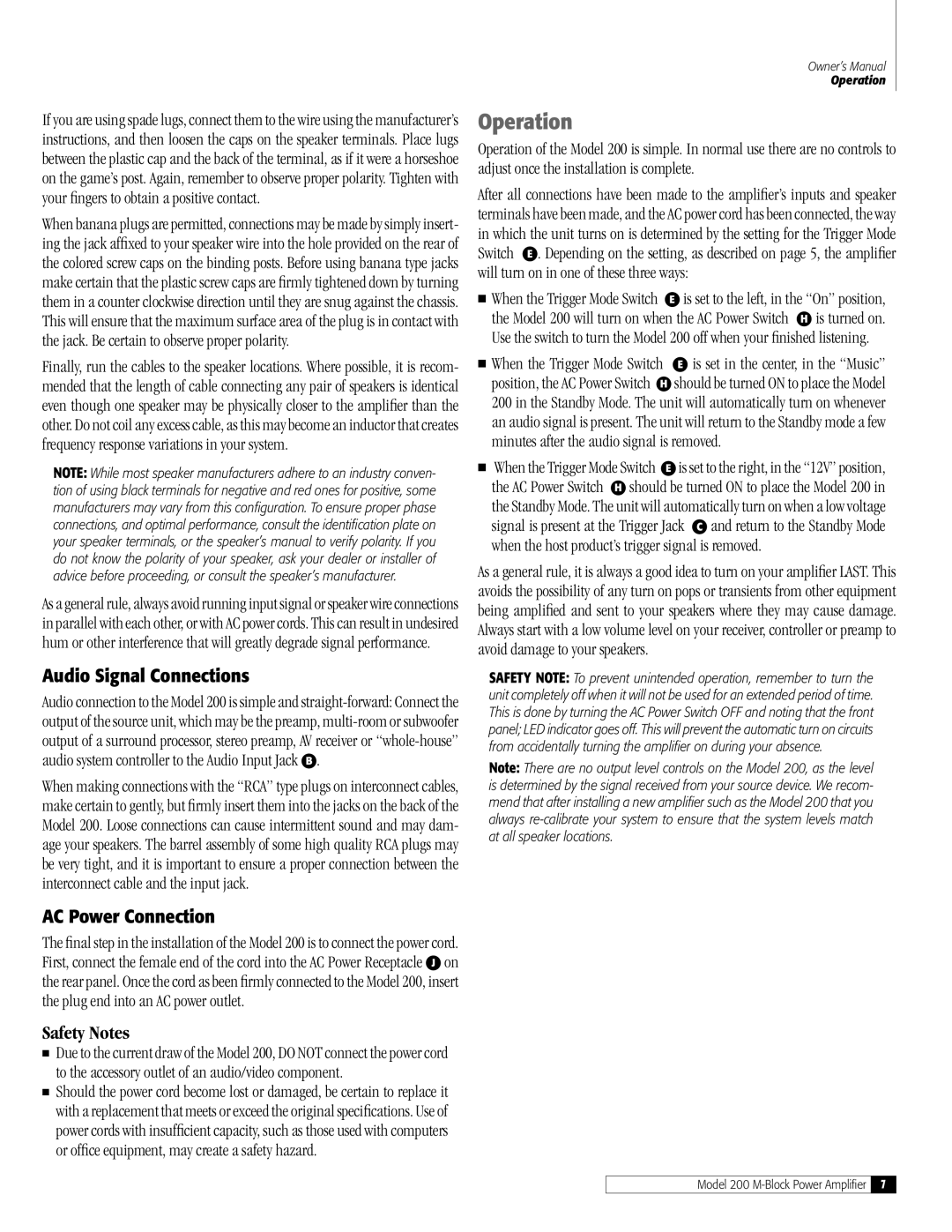 Outlaw Audio 200 M-Block owner manual Operation, Audio Signal Connections, AC Power Connection, Safety Notes 