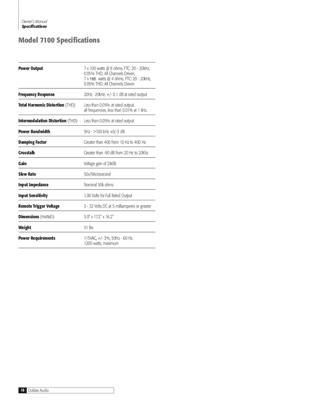 Outlaw Audio owner manual Model 7100 Specifications 