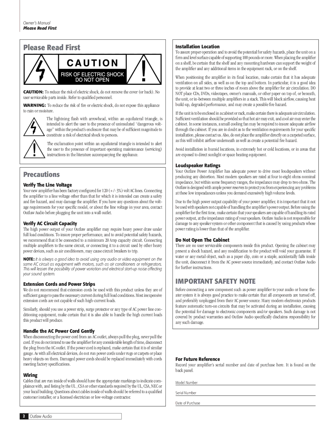 Outlaw Audio 7100 owner manual Please Read First 