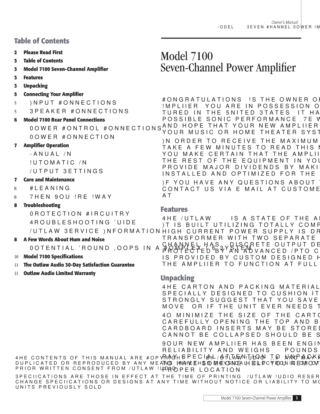 Outlaw Audio 7100 owner manual Table of Contents, Features, Unpacking 