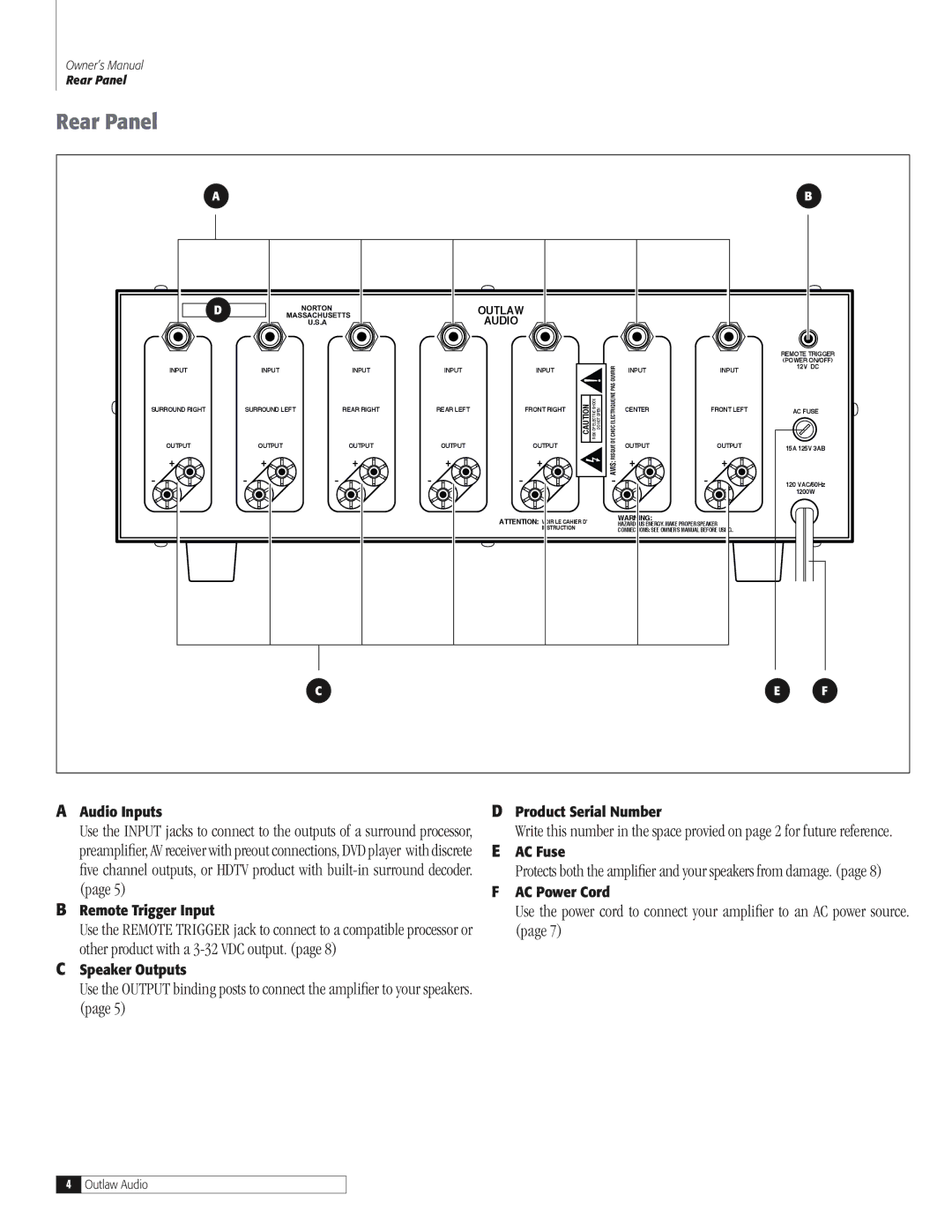 Outlaw Audio 7100 owner manual Rear Panel, Audio 