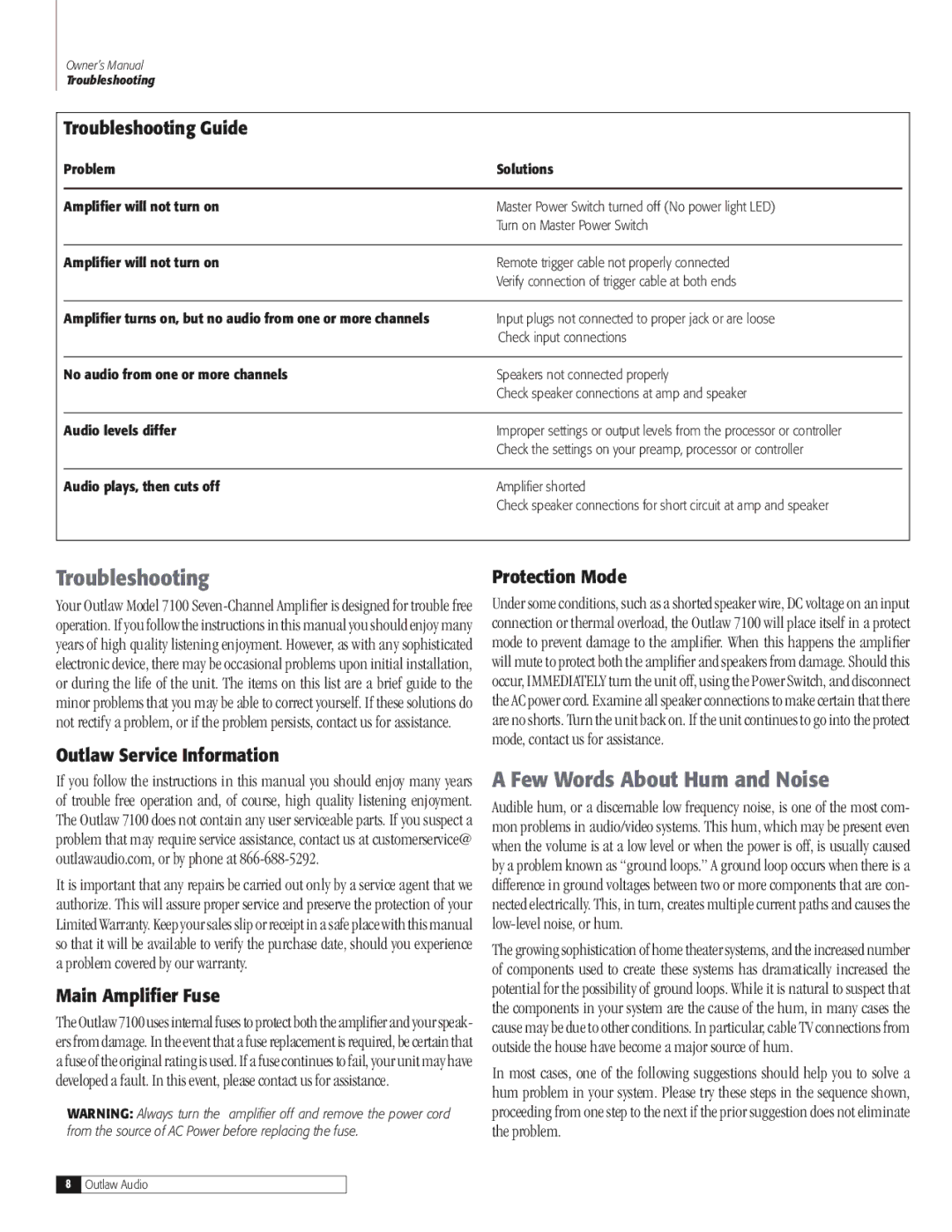 Outlaw Audio 7100 owner manual Troubleshooting, Few Words About Hum and Noise 