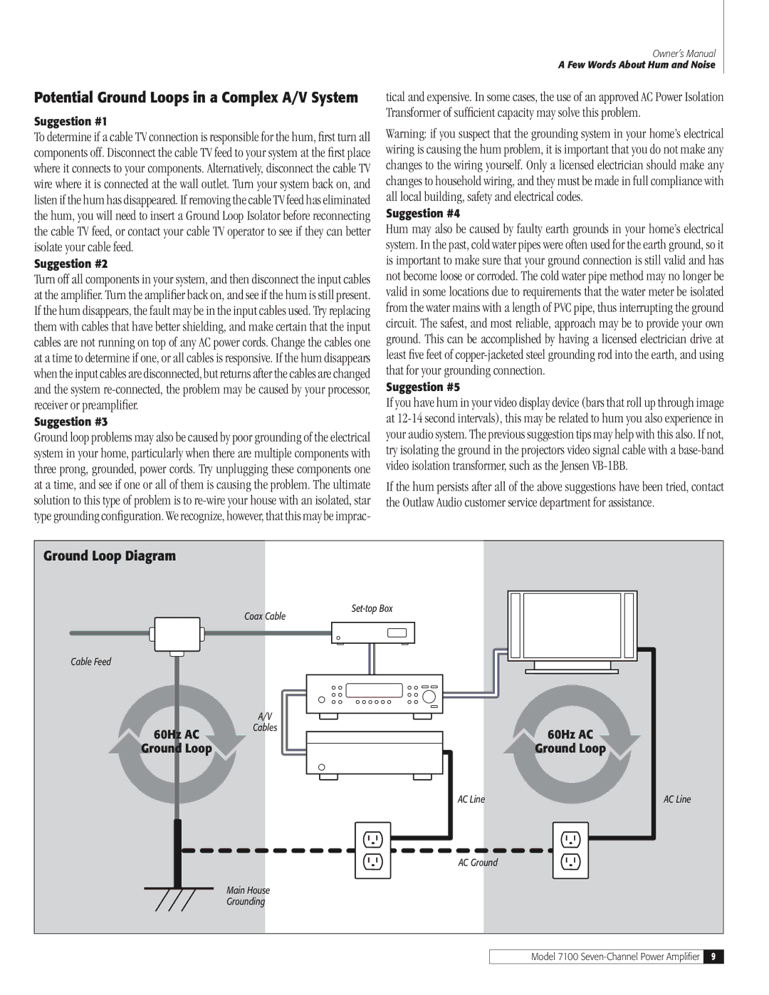 Outlaw Audio 7100 owner manual Potential Ground Loops in a Complex A/V System 