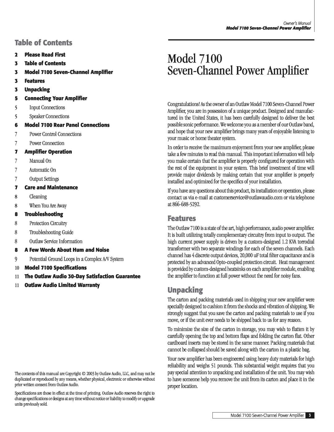 Outlaw Audio owner manual Table of Contents, Features, Unpacking, Model 7100 Seven-ChannelPower Amplifier 