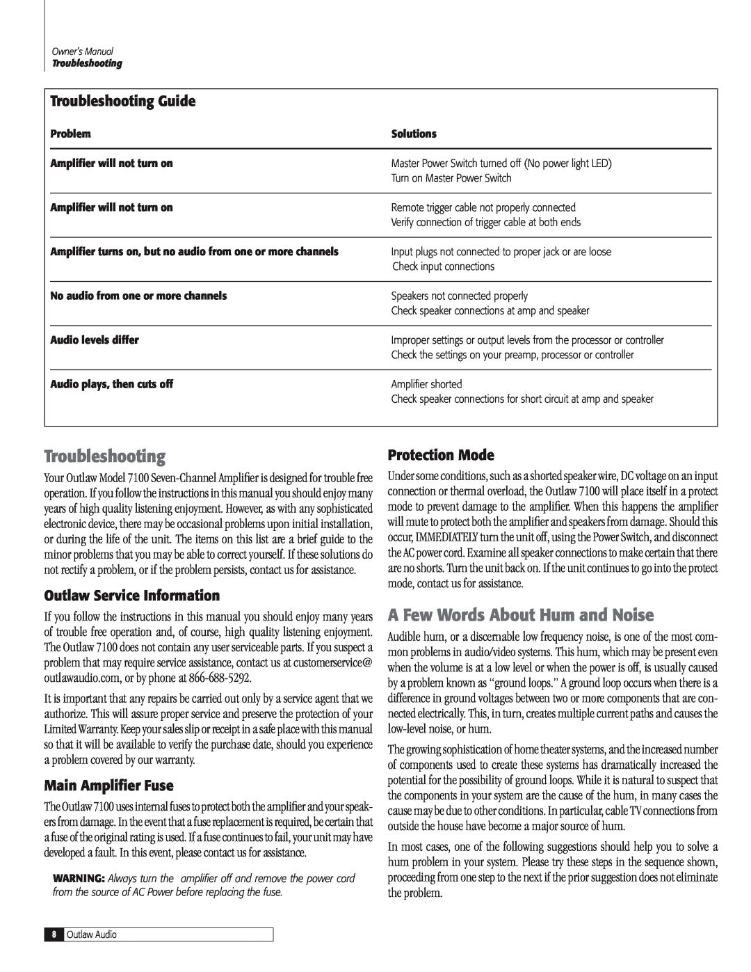Outlaw Audio 7100 A Few Words About Hum and Noise, Troubleshooting Guide, Outlaw Service Information, Protection Mode 