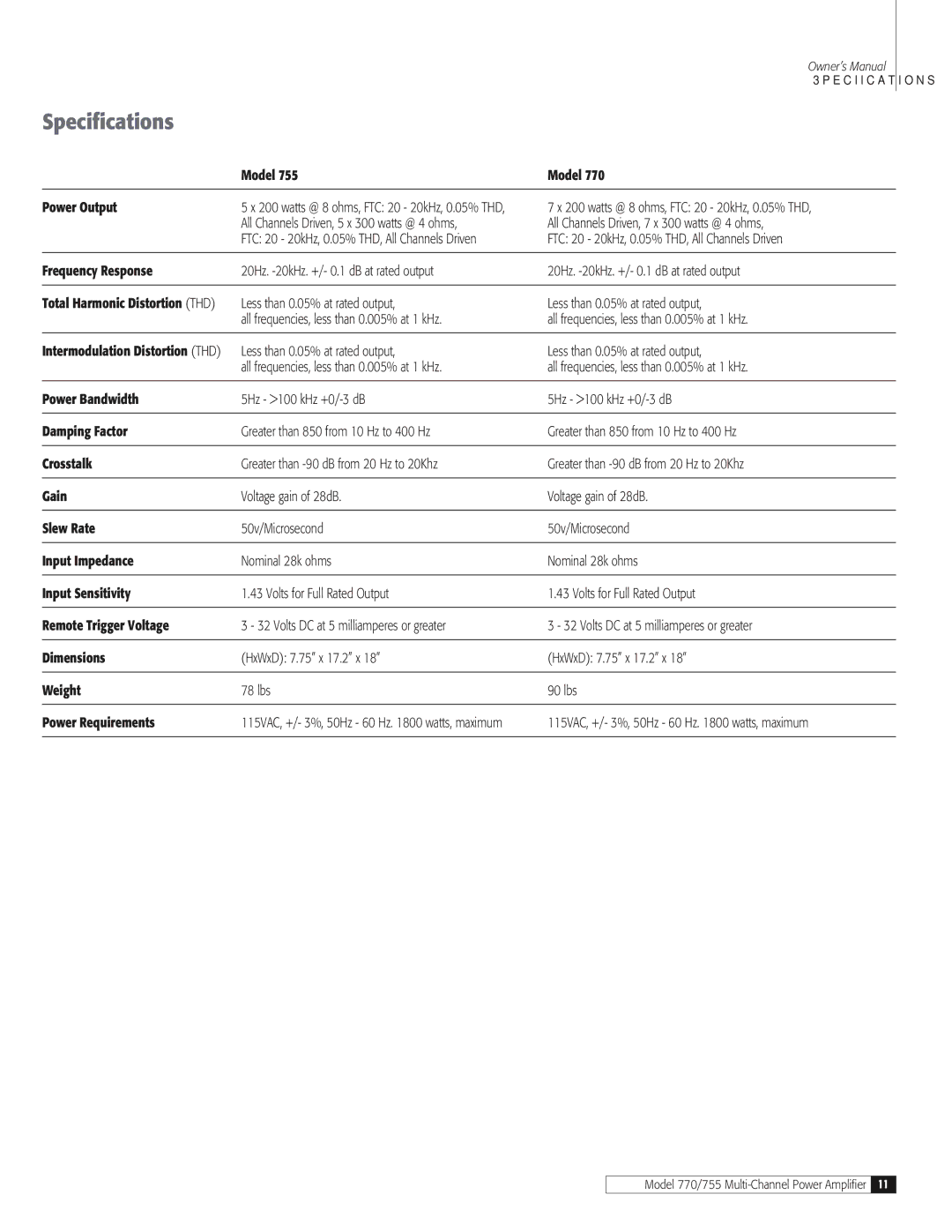 Outlaw Audio 770, 755 owner manual Specifications 