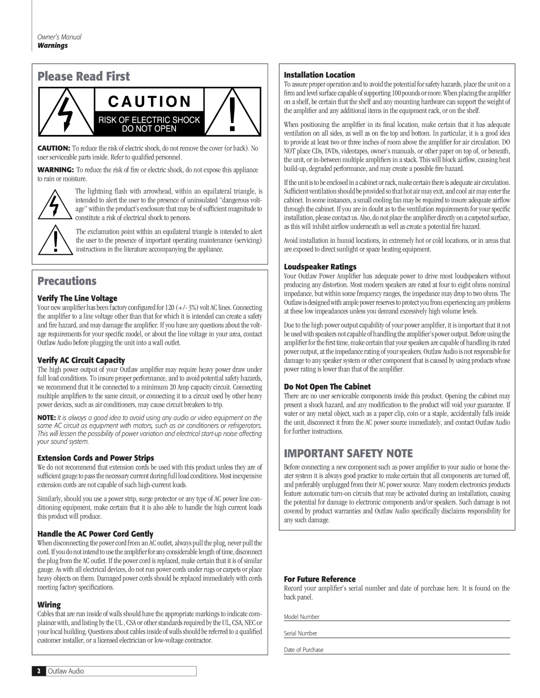 Outlaw Audio 755, 770 owner manual Please Read First 