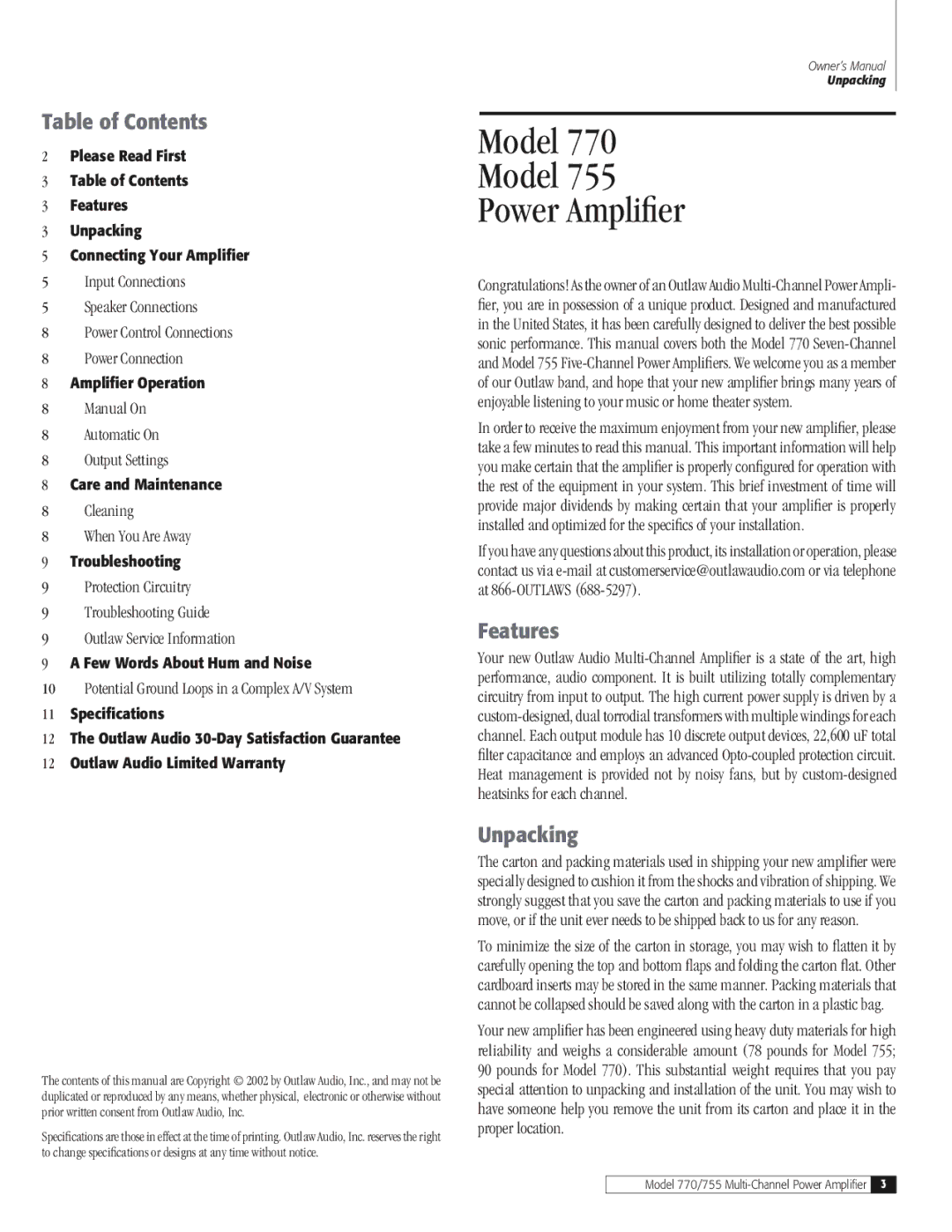 Outlaw Audio 770, 755 owner manual Table of Contents, Features, Unpacking 