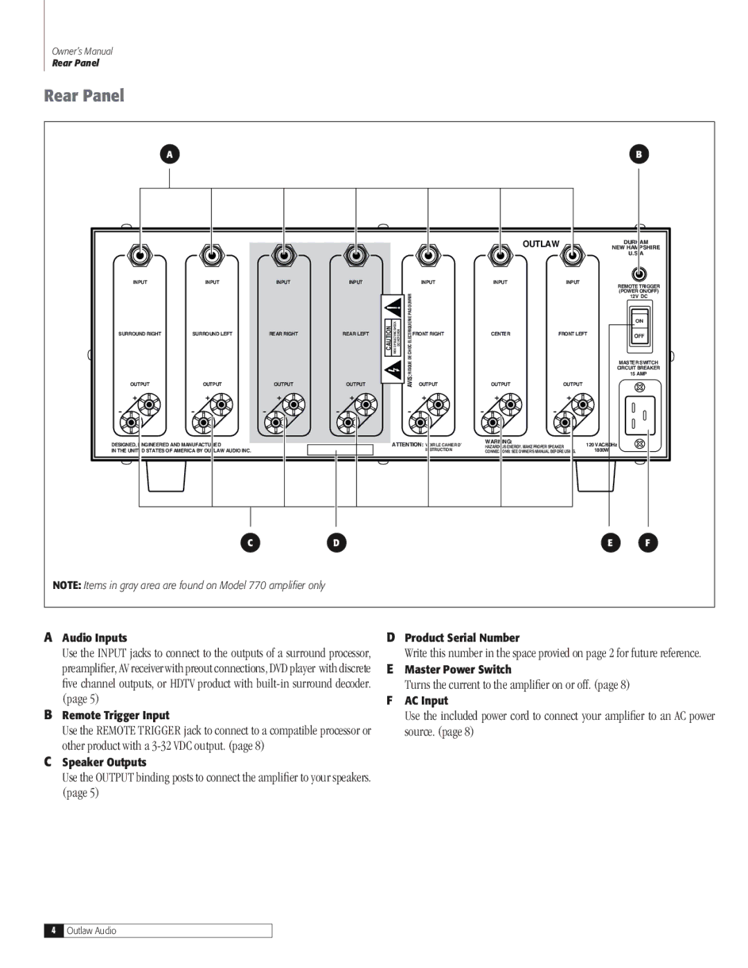 Outlaw Audio 755, 770 owner manual Rear Panel, Remote Trigger Input 