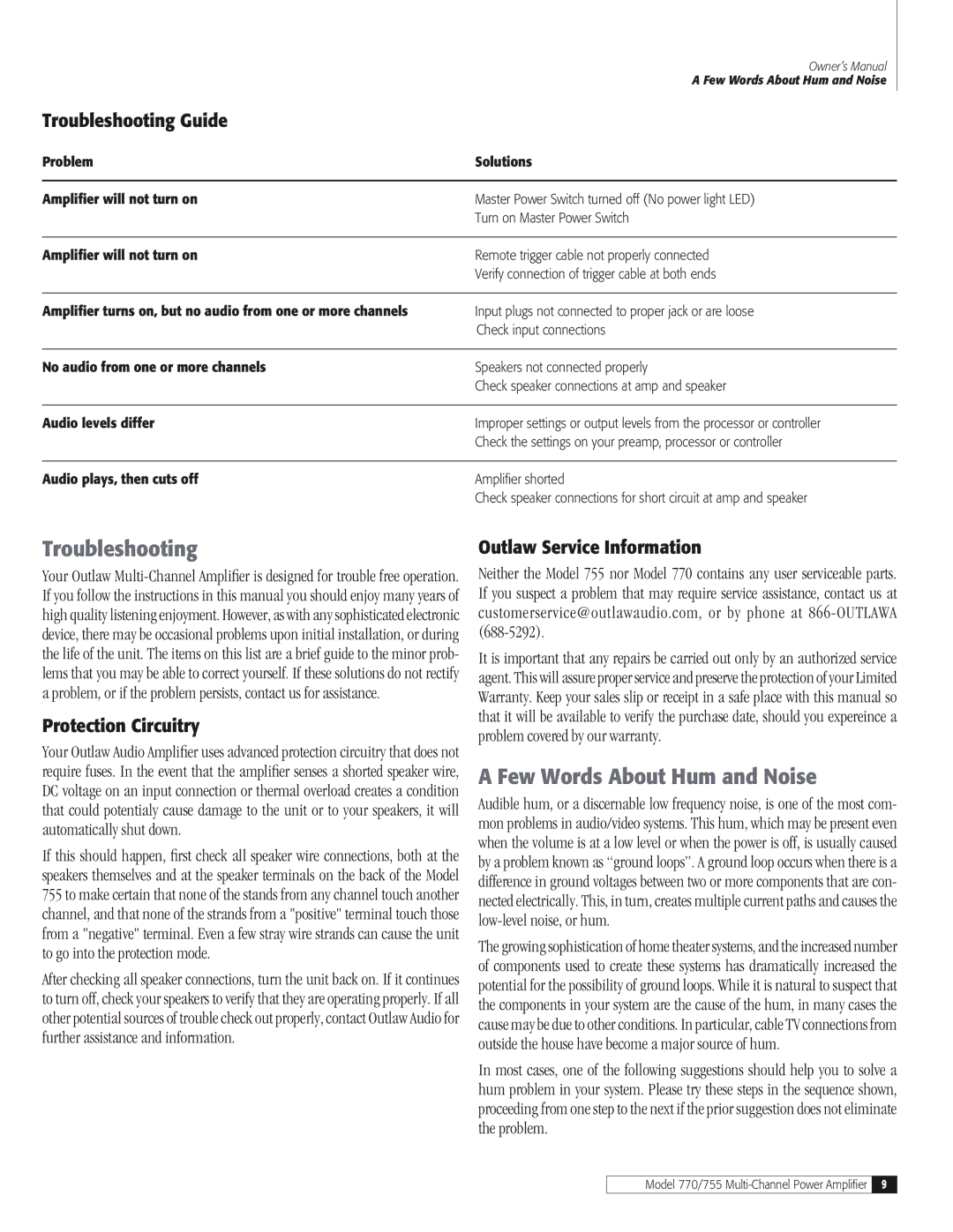 Outlaw Audio 770, 755 owner manual Few Words About Hum and Noise, Troubleshooting Guide, Protection Circuitry 