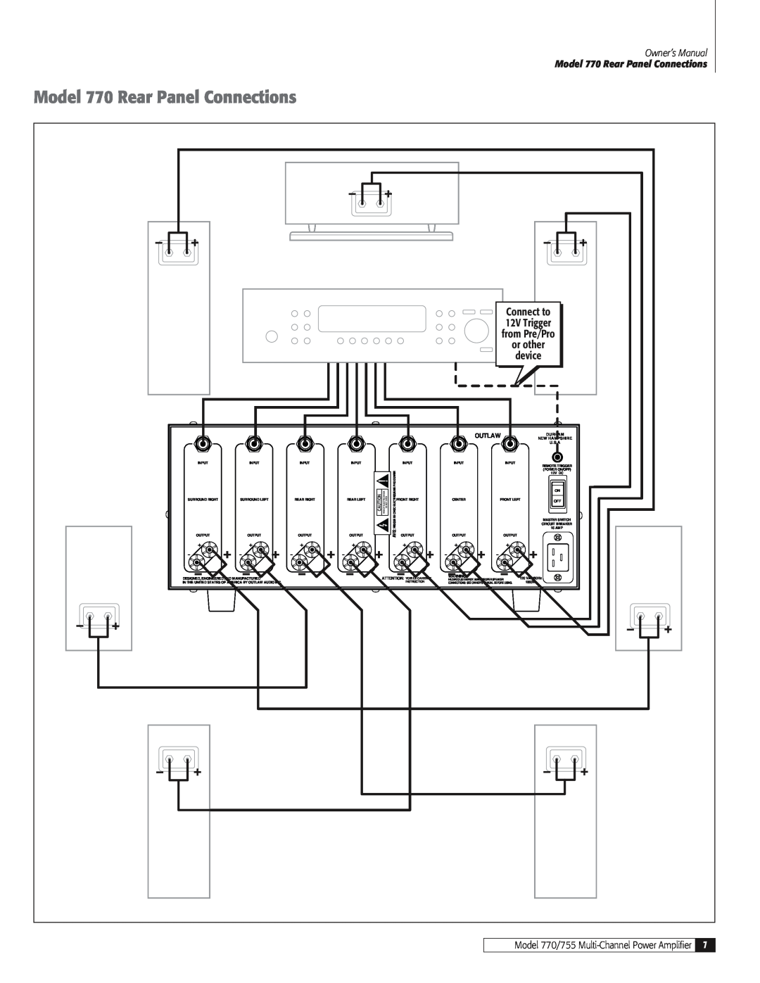 Outlaw Audio owner manual Model 770 Rear Panel Connections, Model 770/755 Multi-ChannelPower Amplifier 
