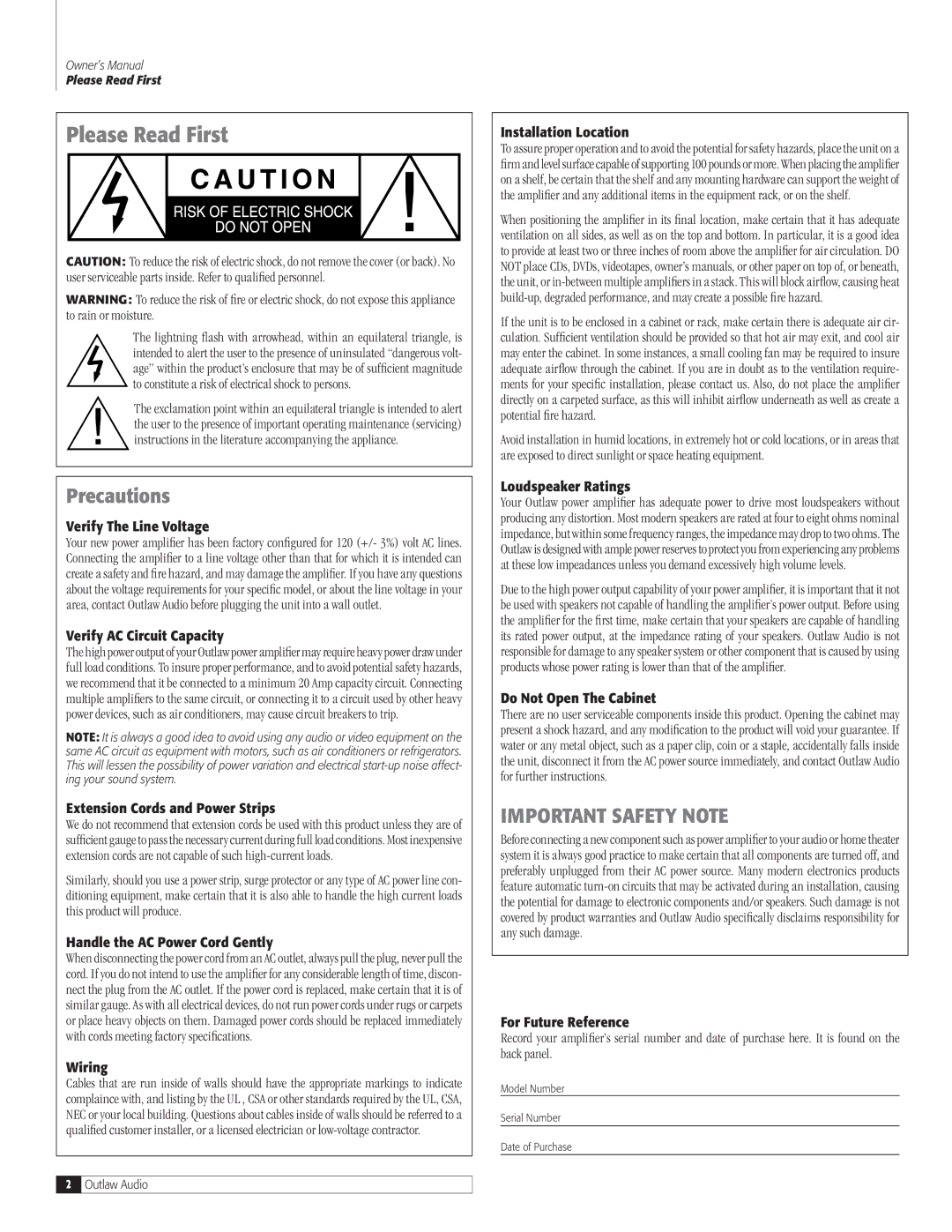 Outlaw Audio 7700, 7500 owner manual Please Read First 