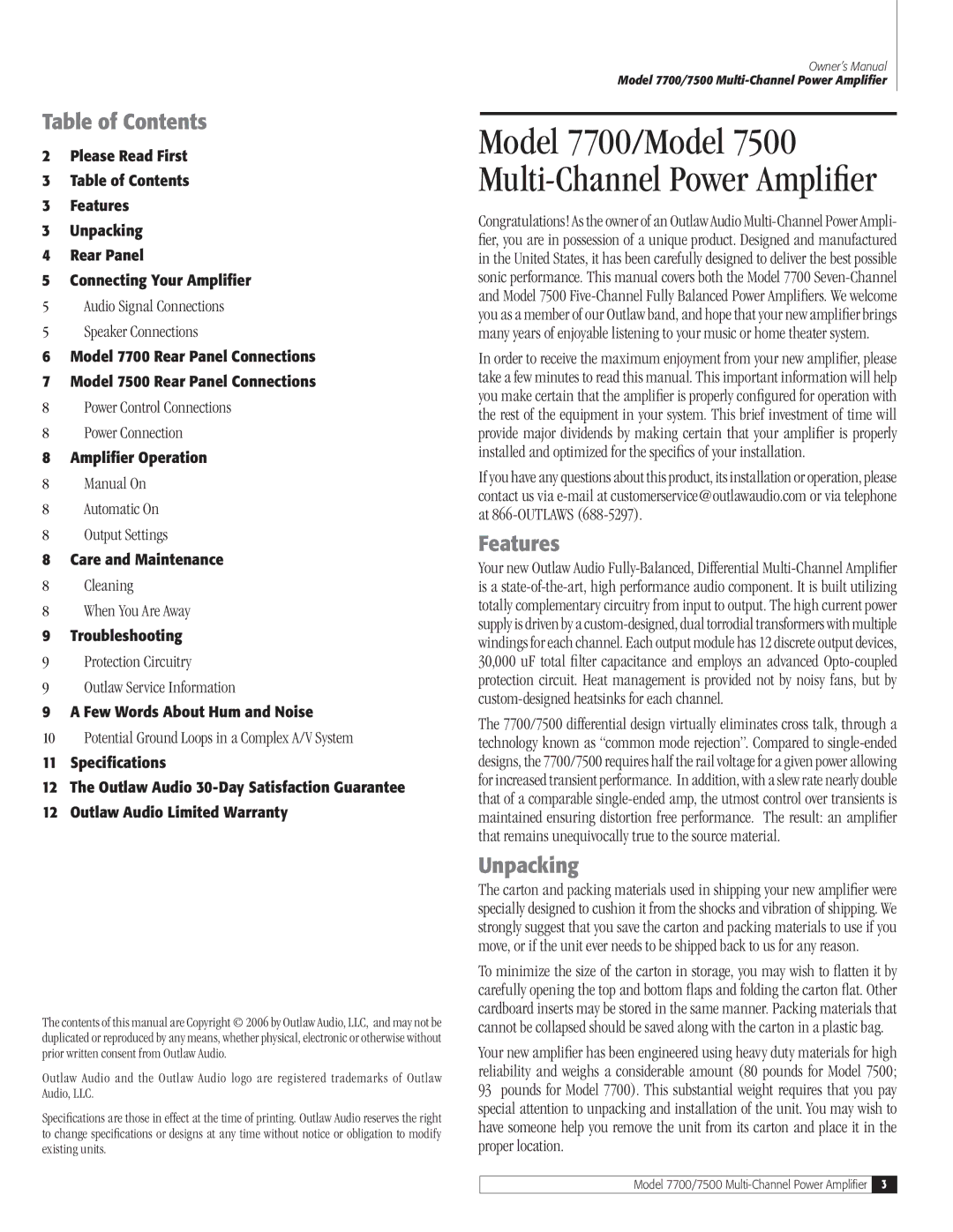 Outlaw Audio 7500, 7700 owner manual Table of Contents, Features, Unpacking 