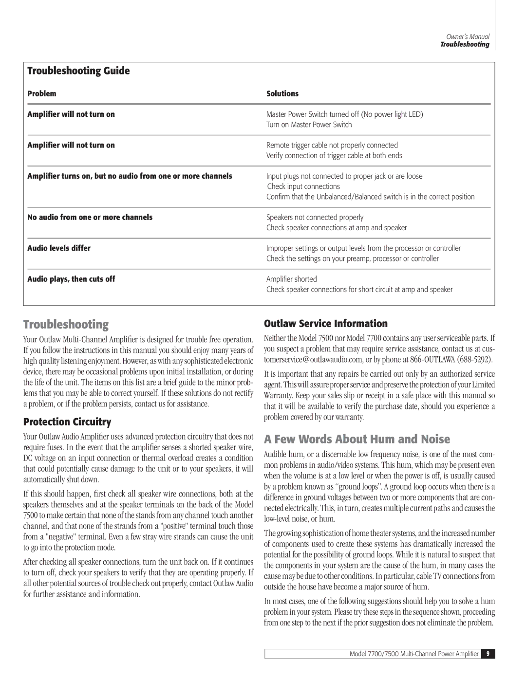 Outlaw Audio 7500, 7700 owner manual Few Words About Hum and Noise, Troubleshooting Guide, Protection Circuitry 