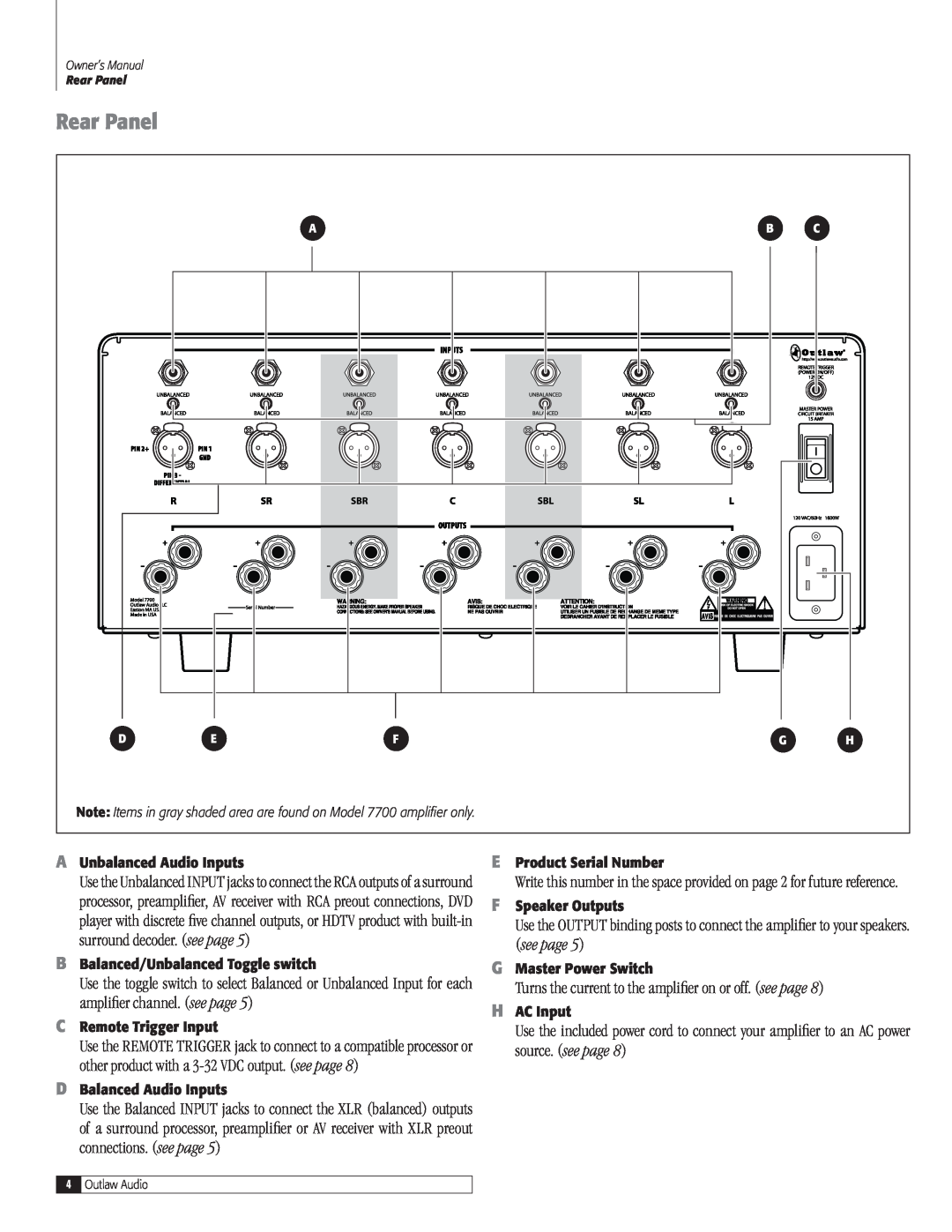 Outlaw Audio 7700, 7500 Rear Panel, AUnbalanced Audio Inputs, BBalanced/Unbalanced Toggle switch, CRemote Trigger Input 