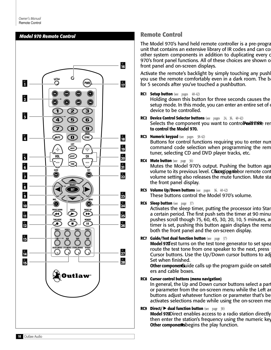 Outlaw Audio owner manual Model 970 Remote Control, These buttons control the Model 970’s volume 