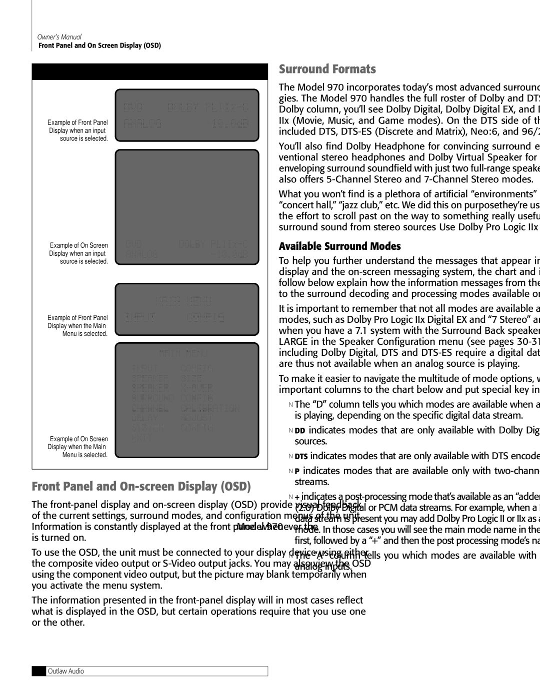 Outlaw Audio owner manual Surround Formats, Available Surround Modes, Model 970 Front Panel and On Screen Display 