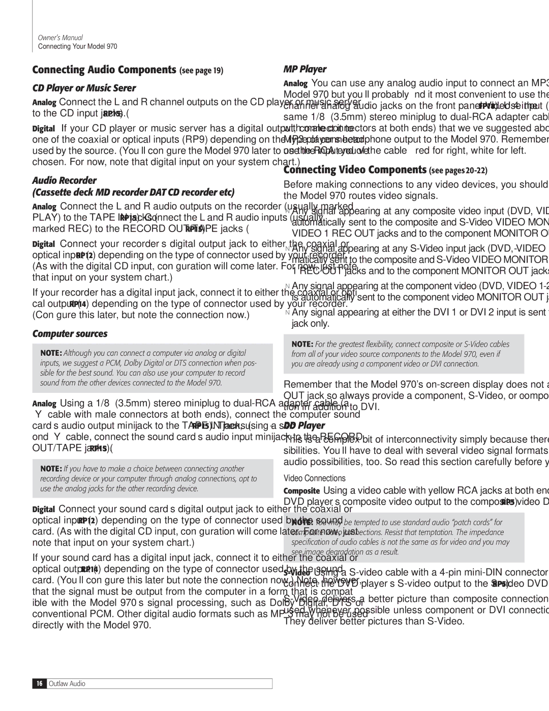 Outlaw Audio 970 owner manual Connecting Audio Components see, Connecting Video Components see pages 