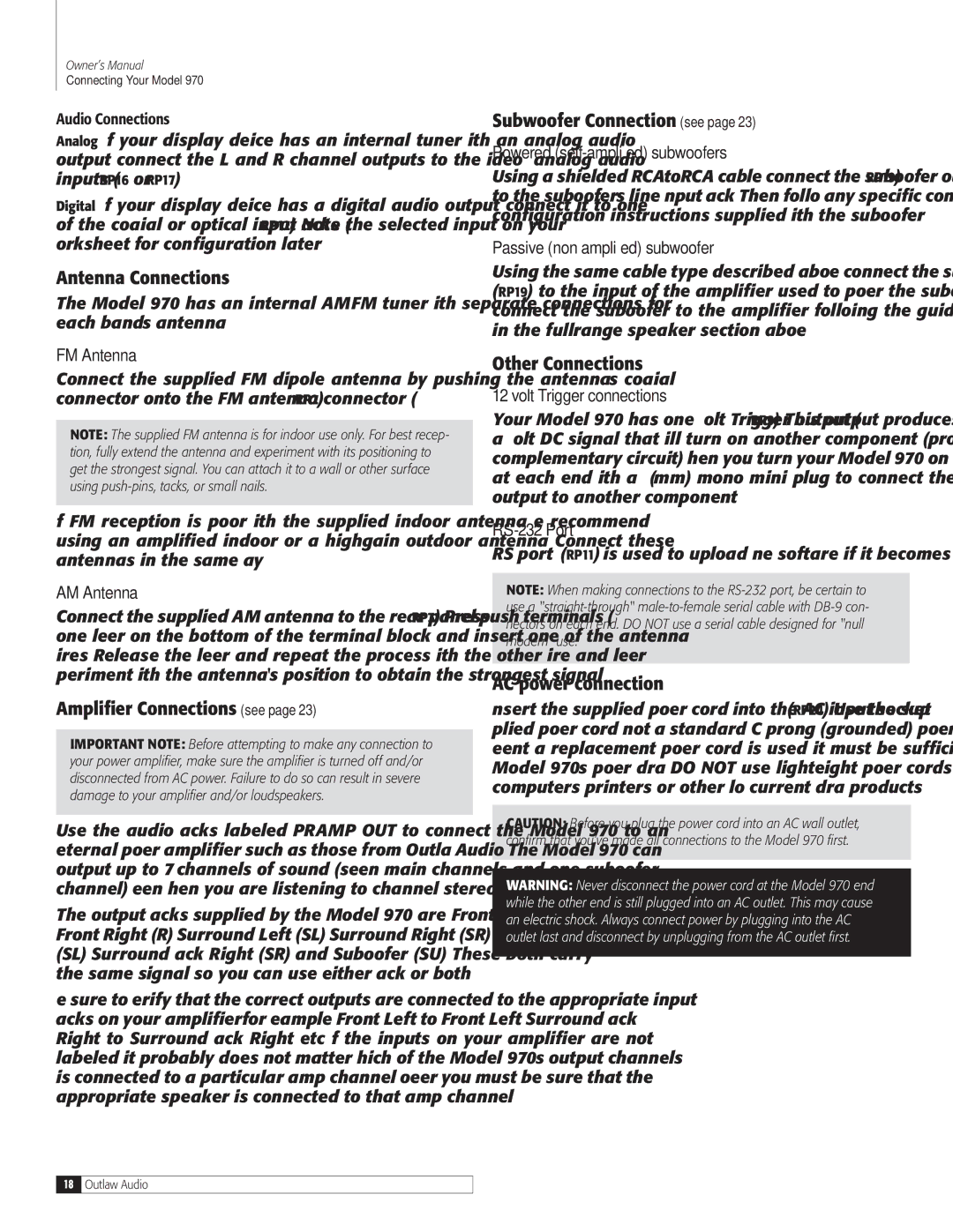 Outlaw Audio 970 owner manual Antenna Connections, Amplifier Connections see, Subwoofer Connection see, Other Connections 