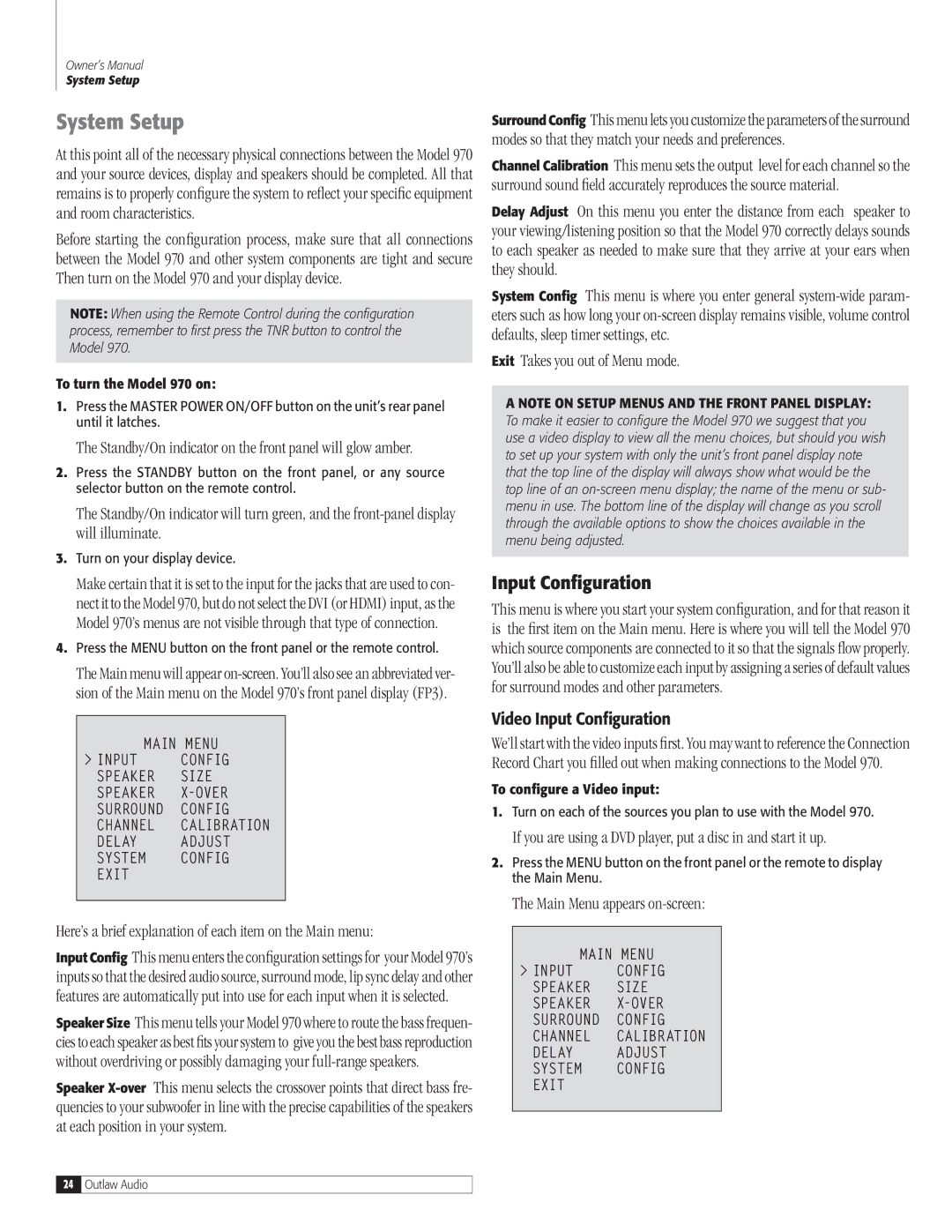 Outlaw Audio 970 owner manual System Setup, Input Configuration, Here’s a brief explanation of each item on the Main menu 